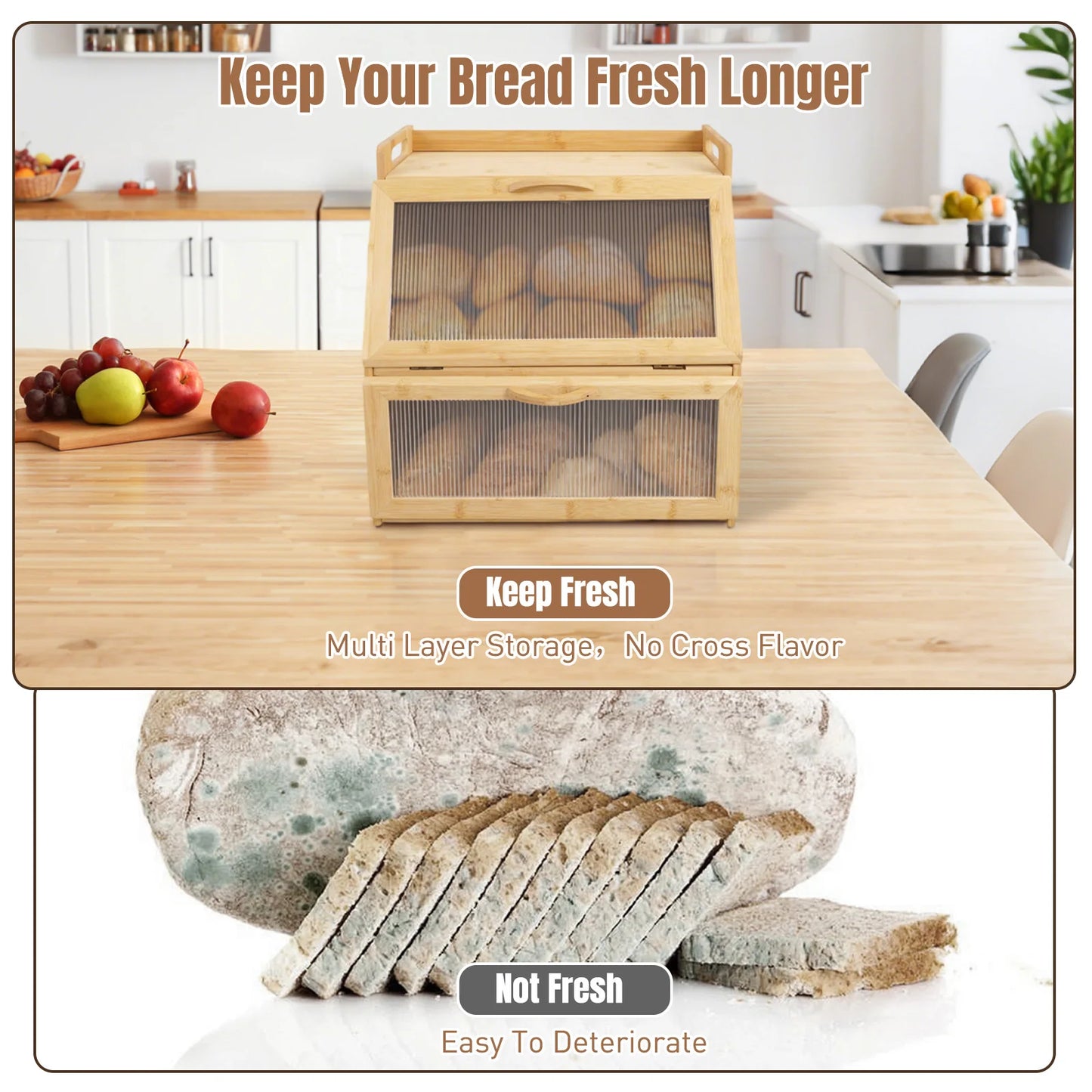 Double Layer Wooden Bread Storage Box For Kitchen Countertop