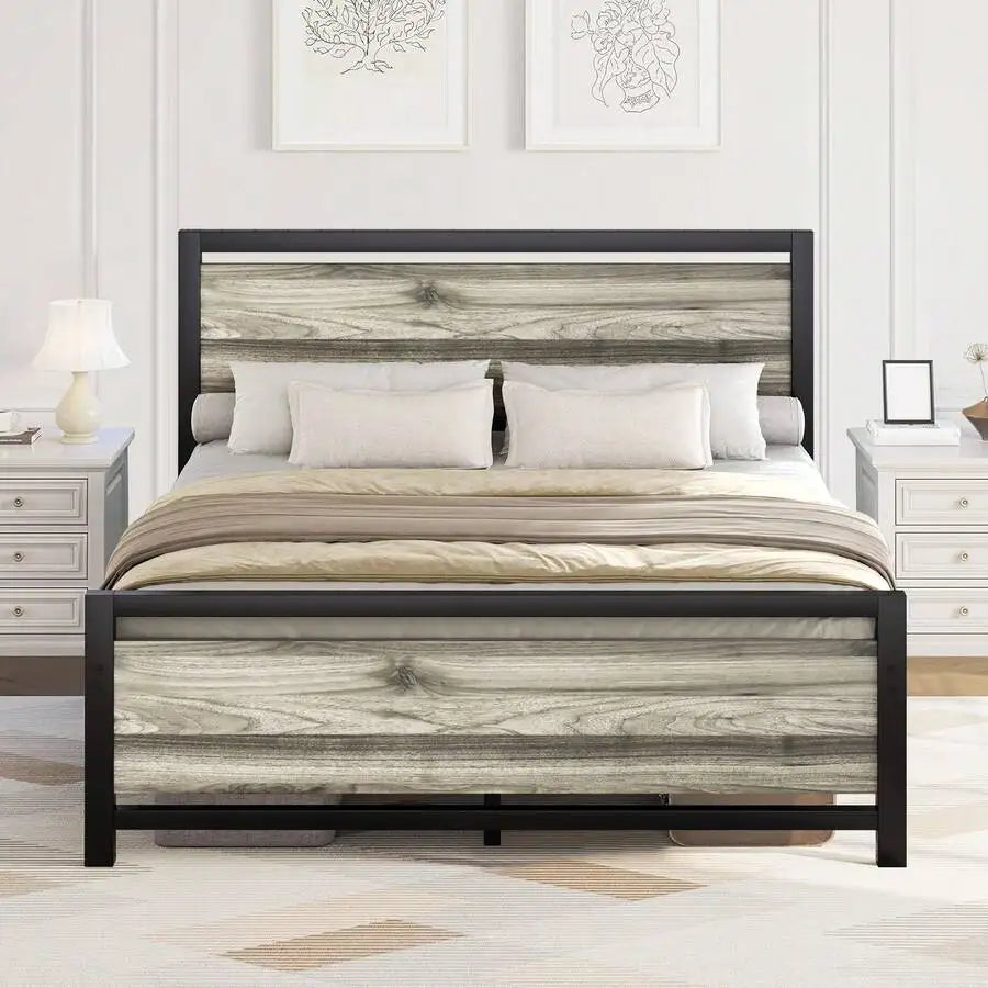 Farmhouse Metal Bed Frame With Wooden Headboard Easy Assembly