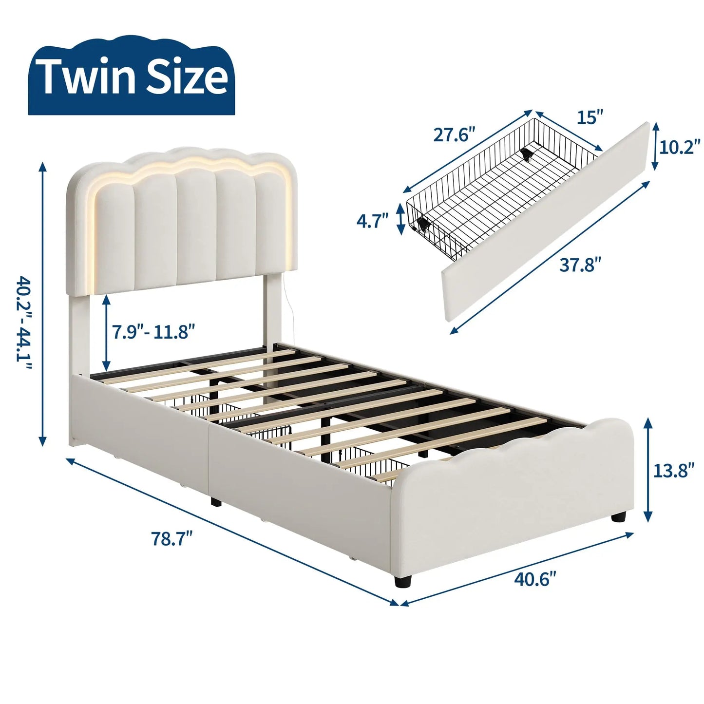 HiMISS Upholstered Bed Frame With Adjustable Headboard Led Storage Drawers