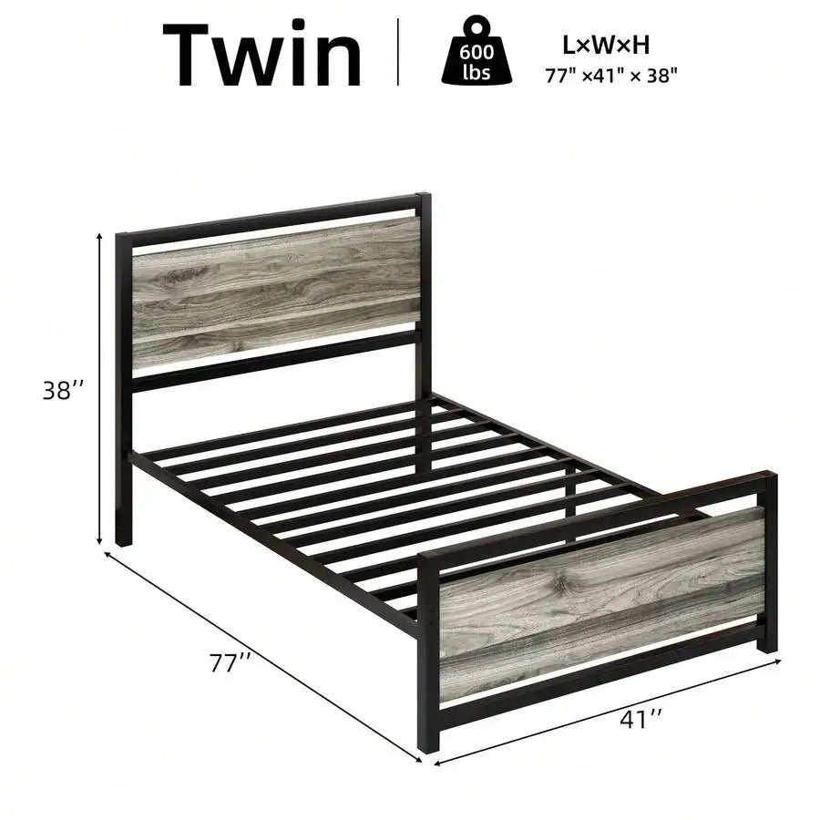 Farmhouse Metal Bed Frame With Wooden Headboard Easy Assembly