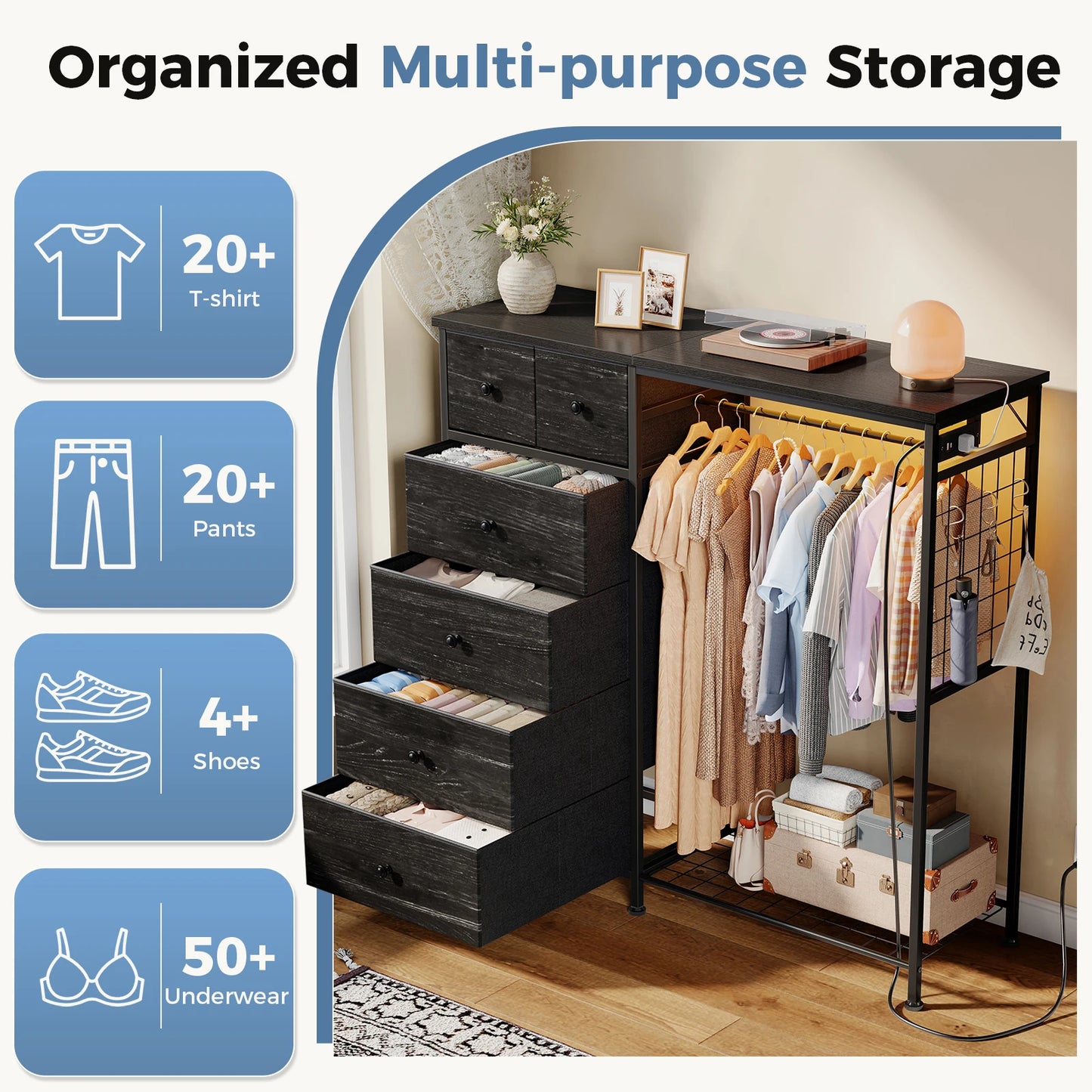 JHK Modern Fabric Dresser With Hanging Rack And LED Lights