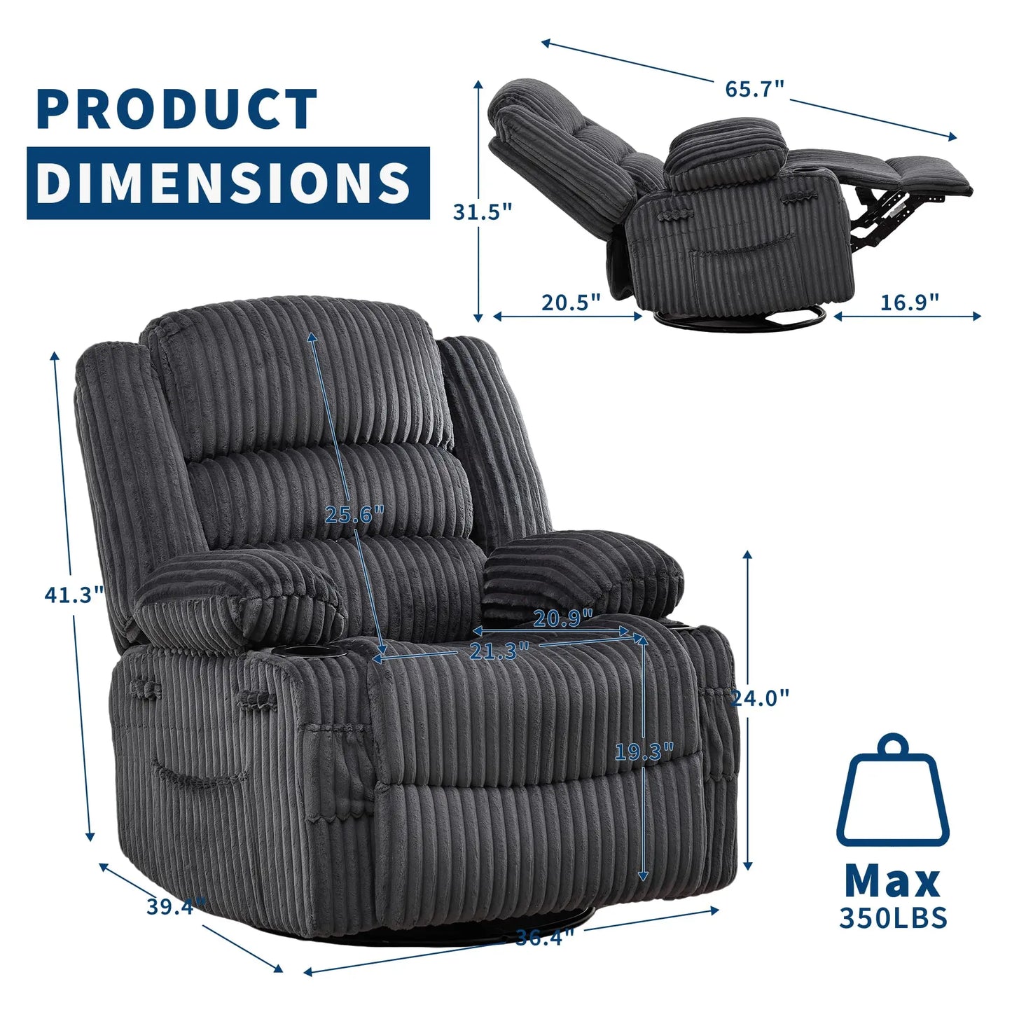 HiMISS 360 Swivel Rocking Recliner Chair With Deep Corduroy Seat