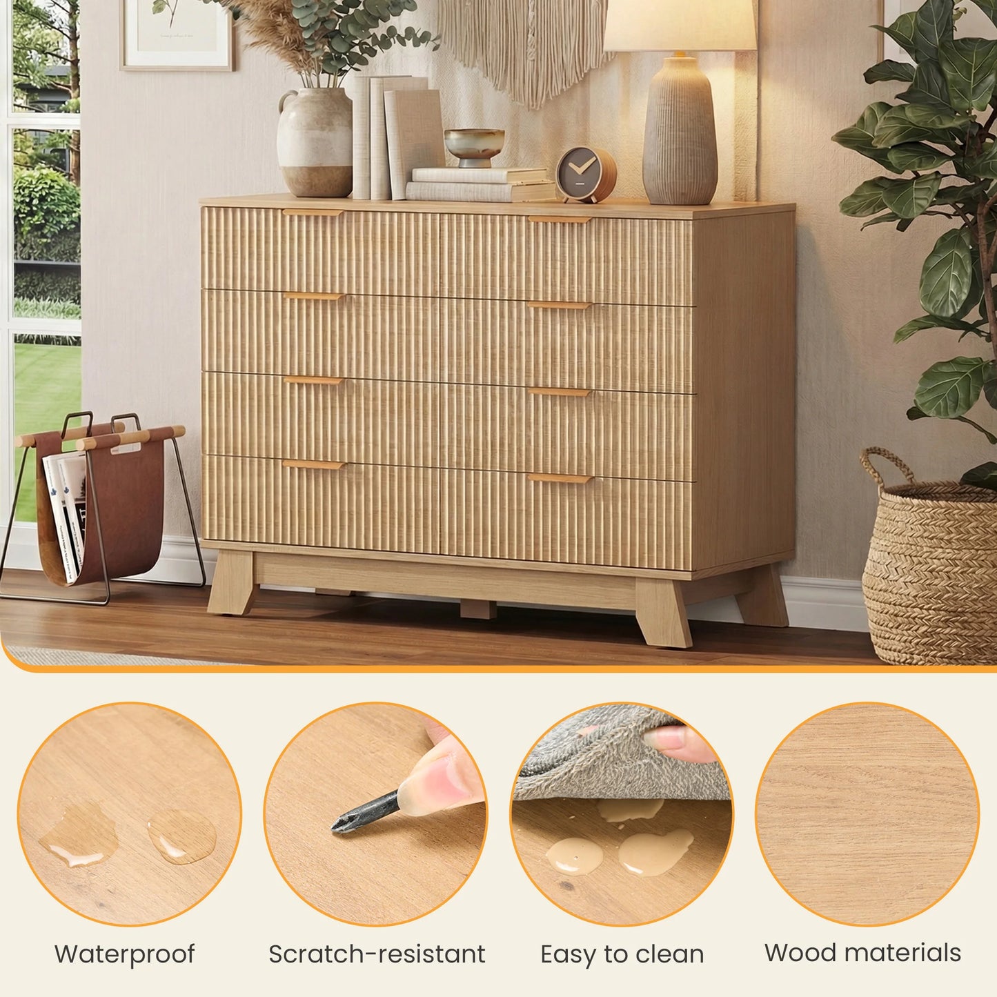Jhk Fluted Wooden Modern Cabinet With Eight Drawer Storage