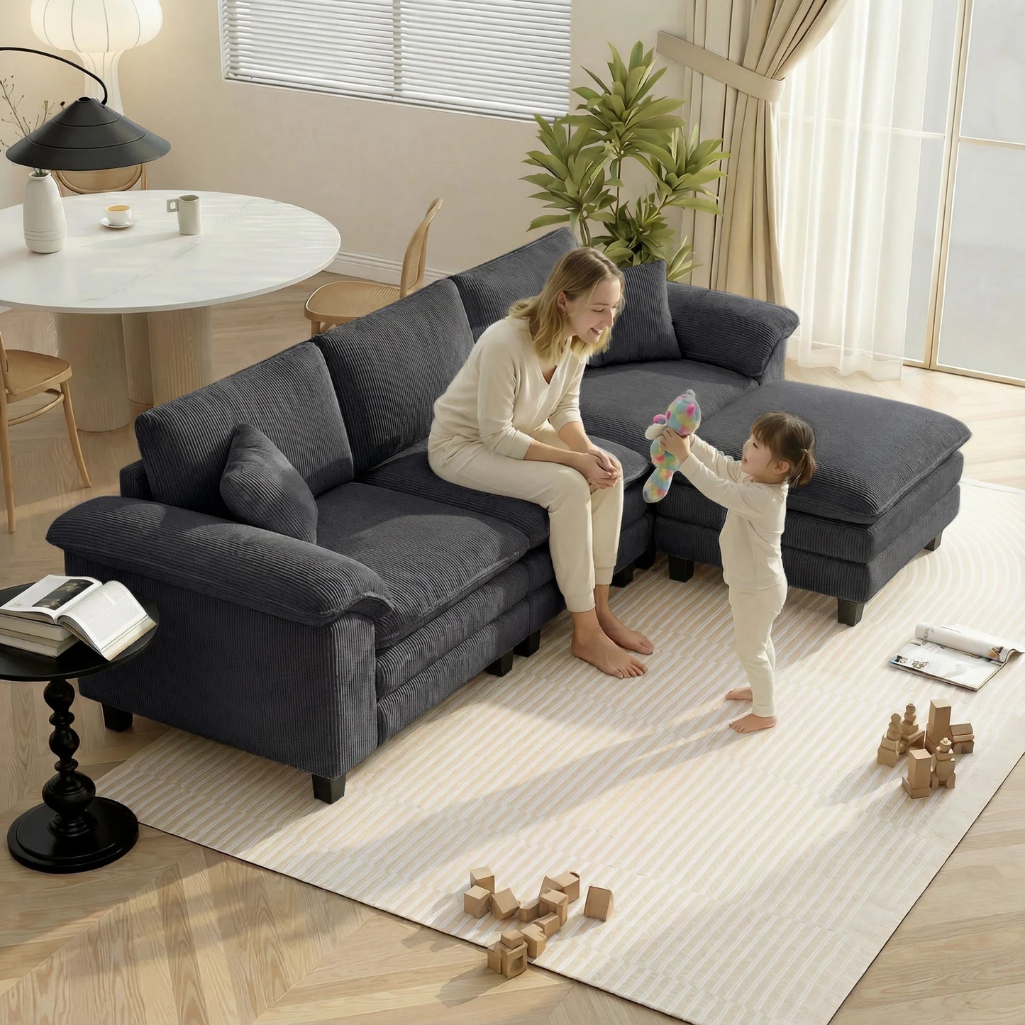 Modular Corduroy L Shaped Sectional Couch With Deep Seating