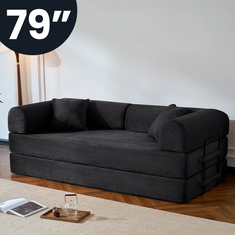 Corduroy Folding Sofa Bed With Removable Cover And Iron Frame