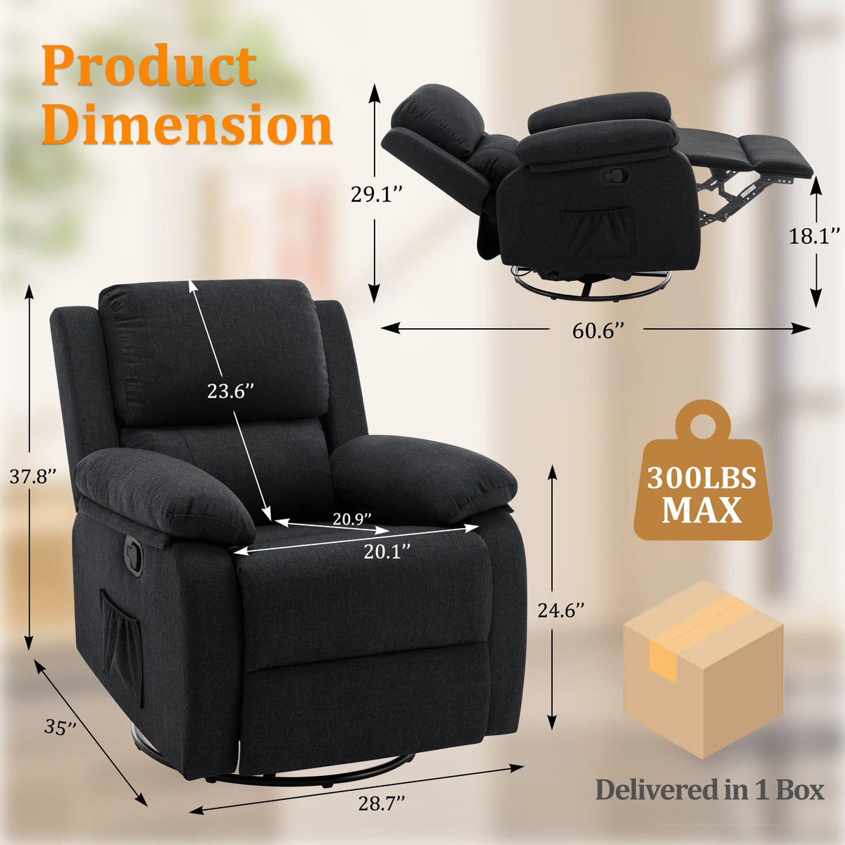 KORSER Swivel Rocking Recliner Chair For Adults And Small Spaces