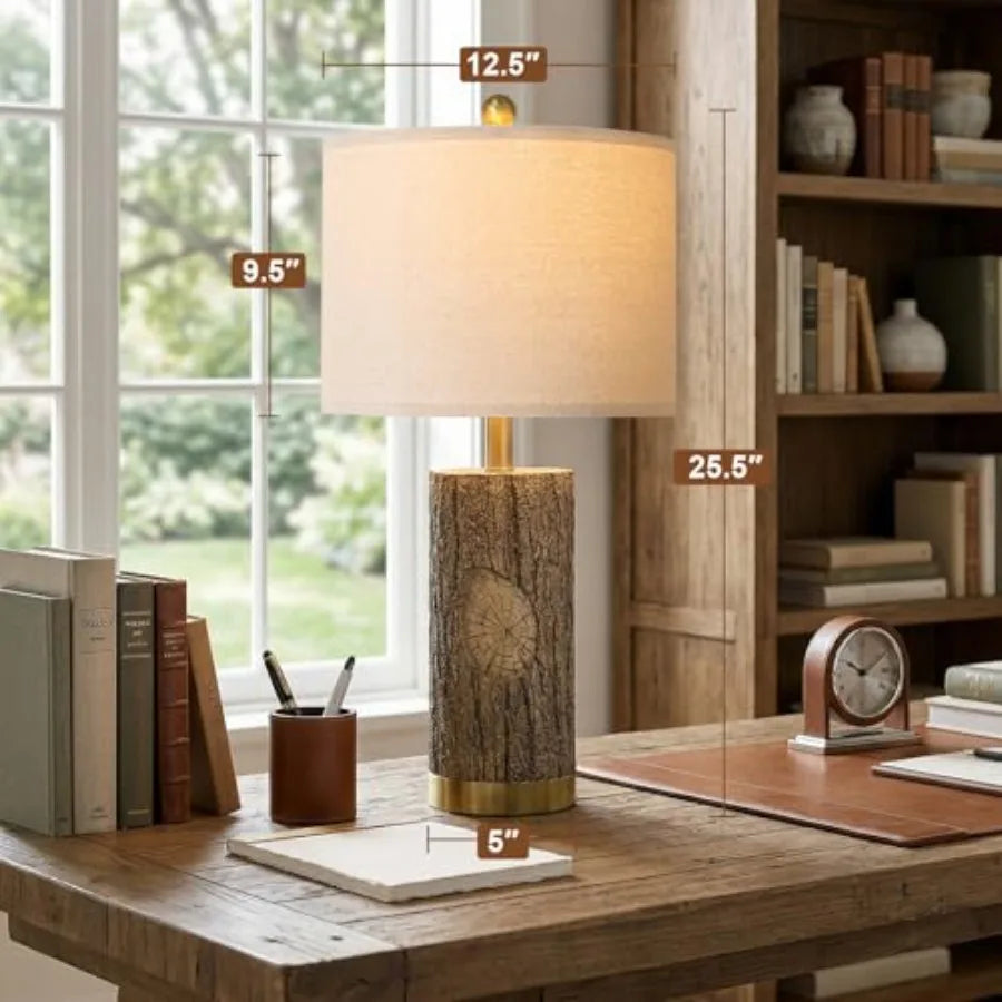 Rustic Bark Solar Table Lamps With Gold Base And Usb Ports