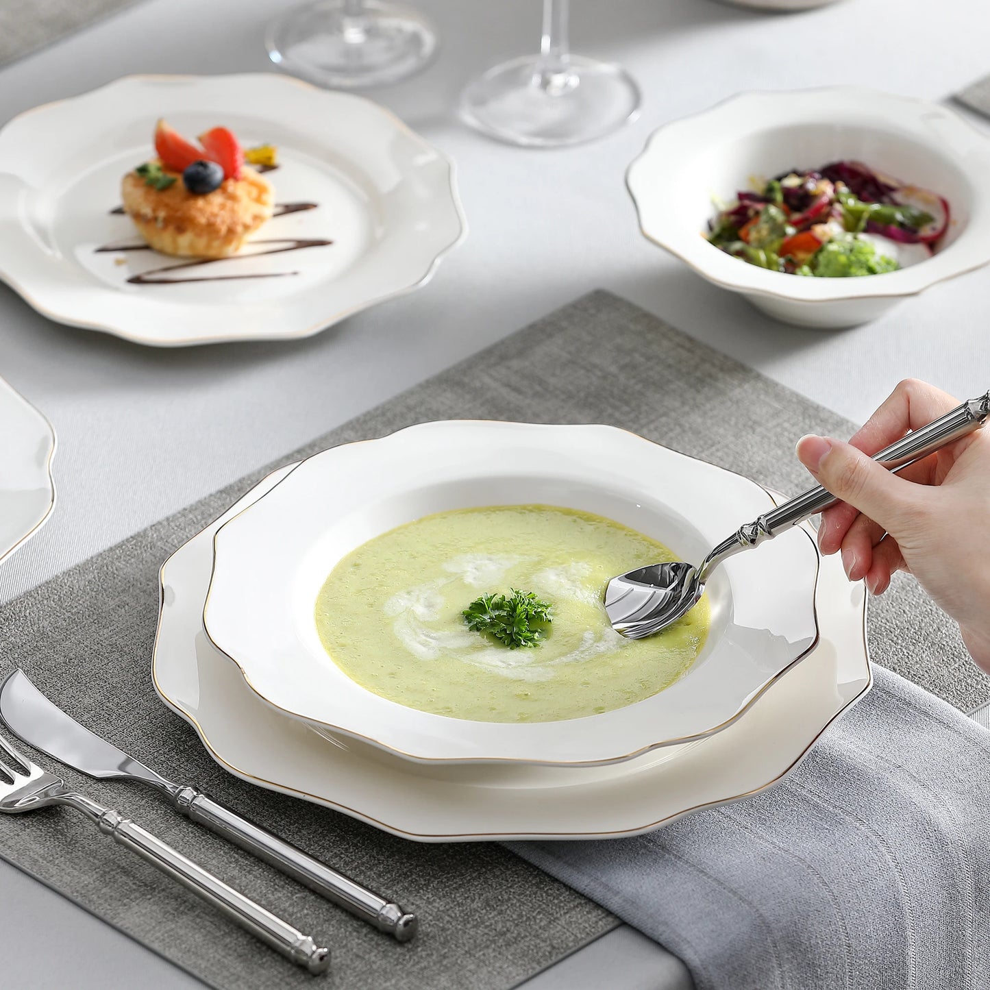 Malacasa Nordic Golden Rim Bone China Tableware Set