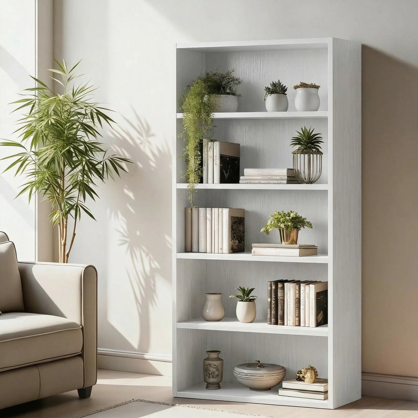 MCQ Five Tier Free Standing Wooden Bookshelf With Storage