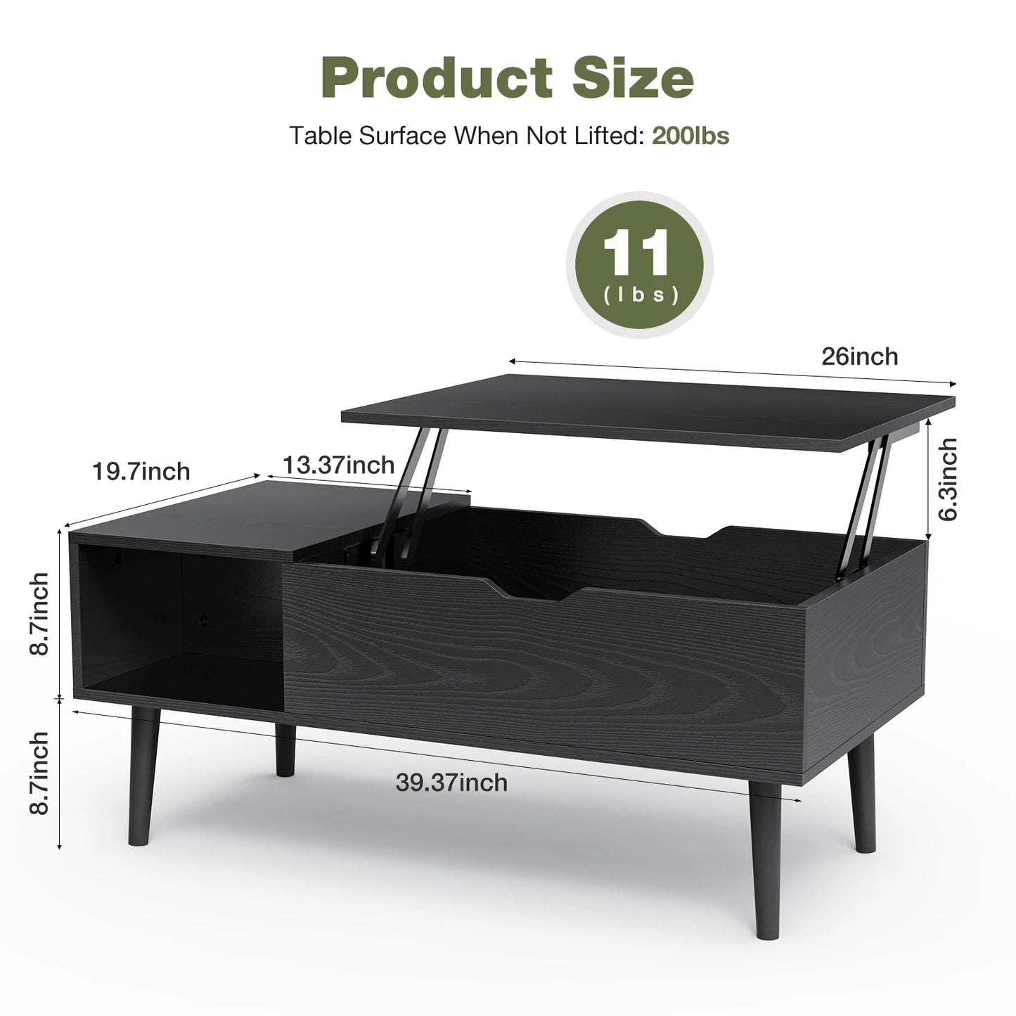 JHK Modern Wood Lift Top Coffee Table Adjustable Storage Shelf