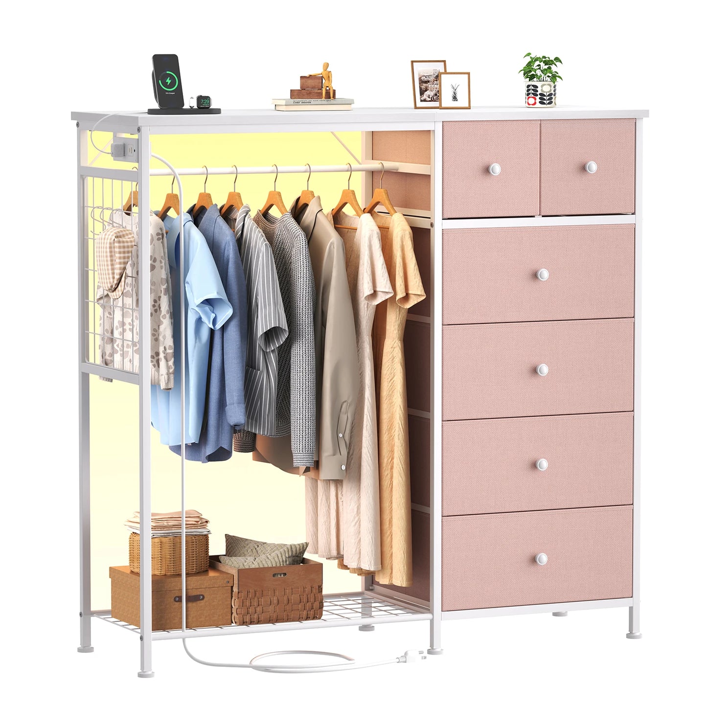 JHK Modern Fabric Dresser With Hanging Rack And LED Lights