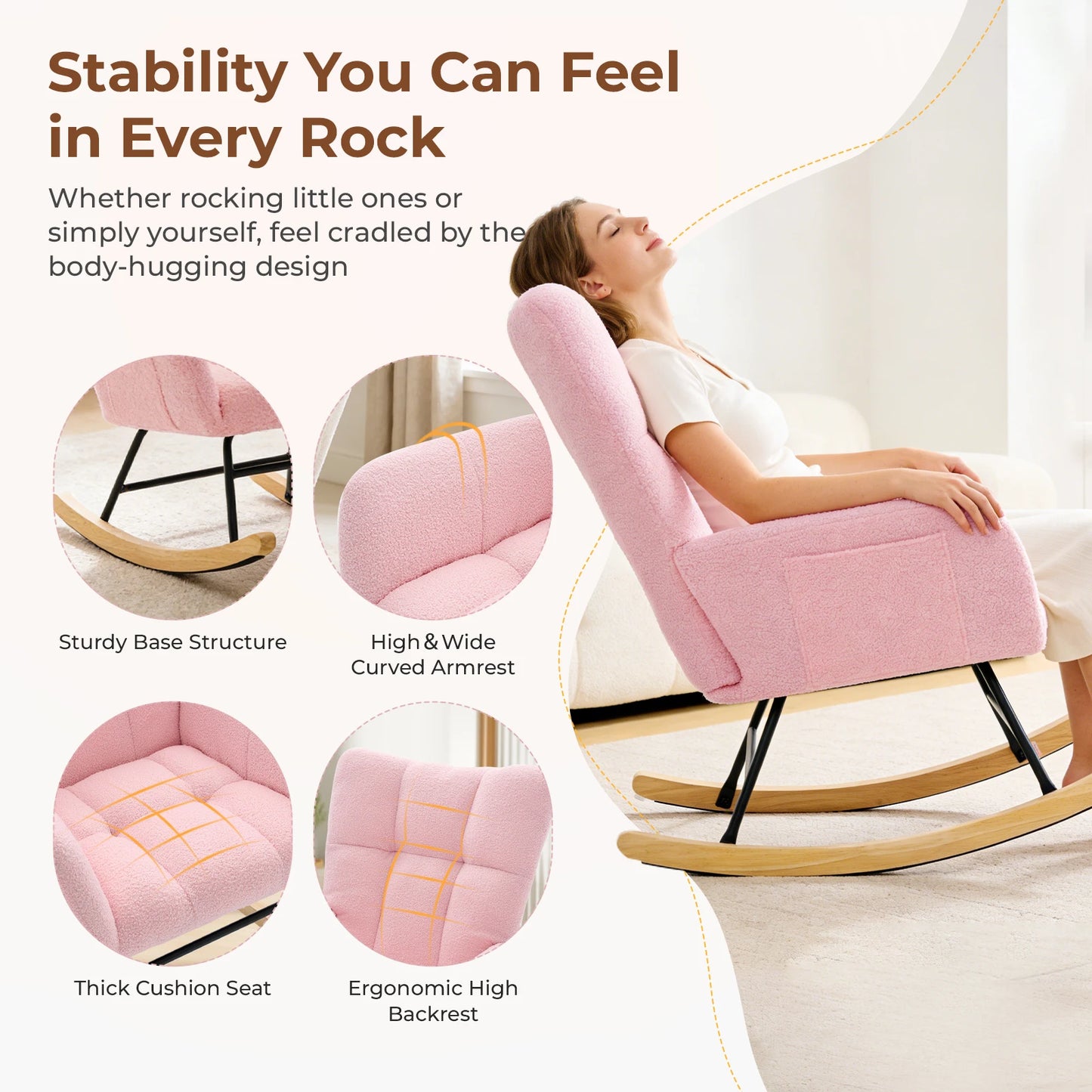 JHK Saucer Rocking Chair With High Backrest And Padded Seat