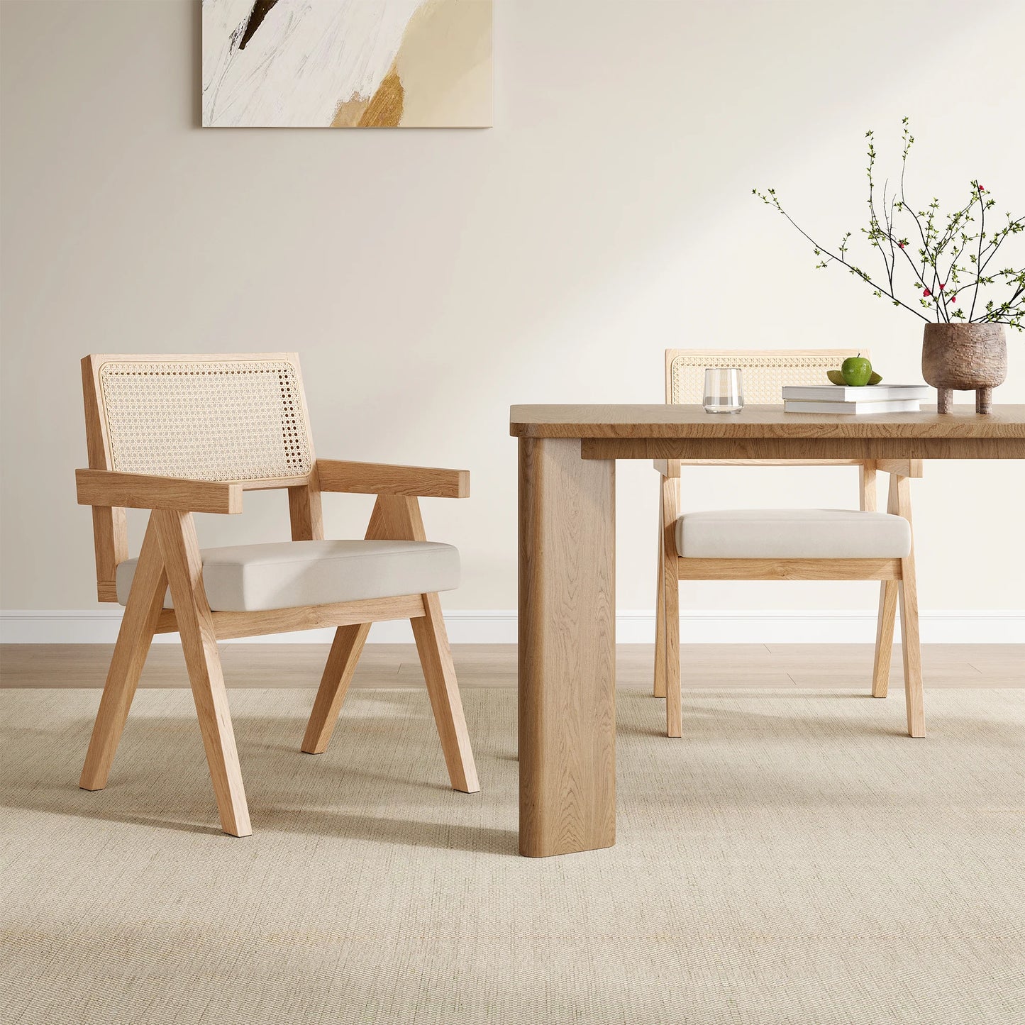Farini Mid Century Woven Rattan Dining Chairs Solid Ash Frame