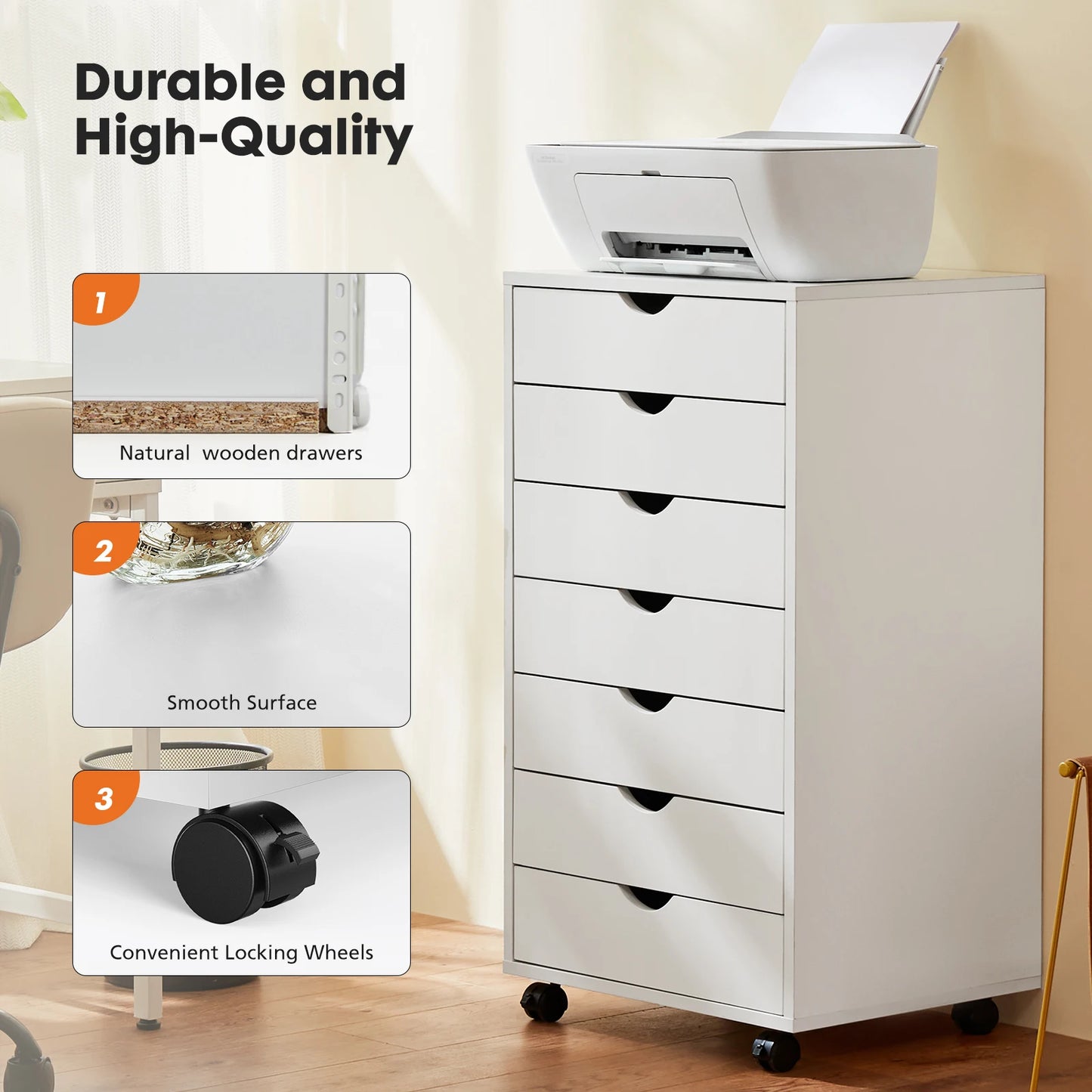 JHK Seven Drawer Modern Wooden Rolling Bedroom Cabinet