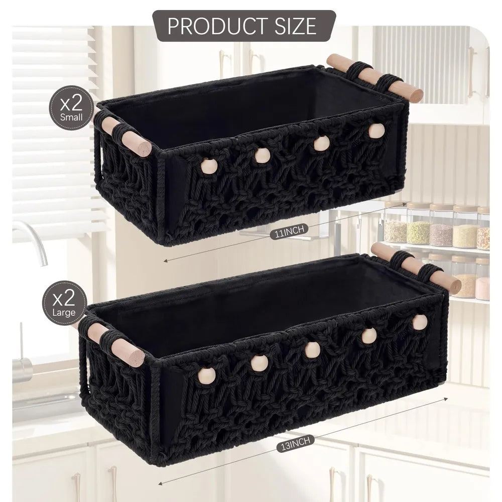 Boho Macrame Storage Baskets With Wooden Handles And Decorative Beads