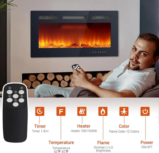 Electric Fireplace With LED Display Log And Crystal Decor Heater