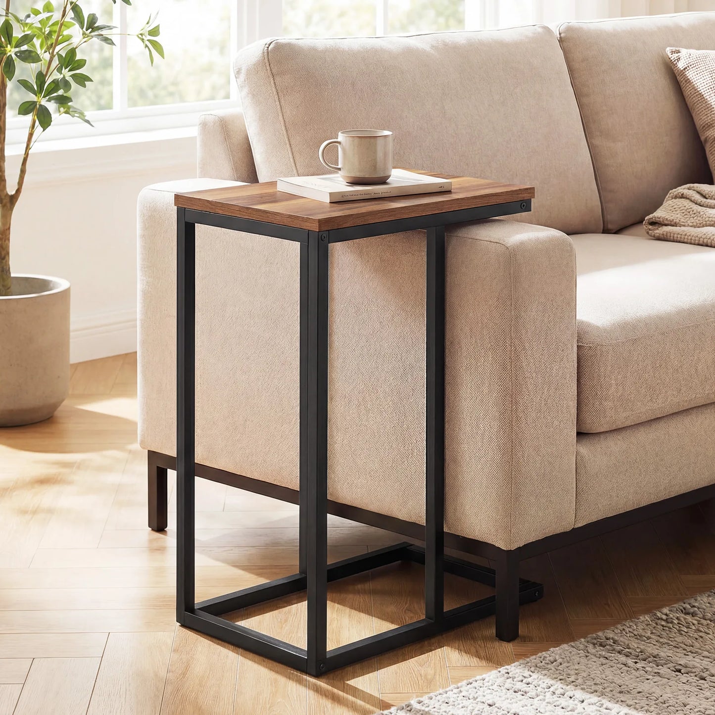 Homasis C Shaped Wooden End Table With Adjustable Pads