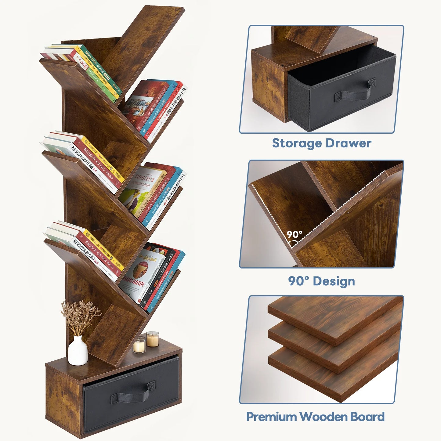 MCQ Geometric Wooden Seven Tier Bookshelf With Drawer