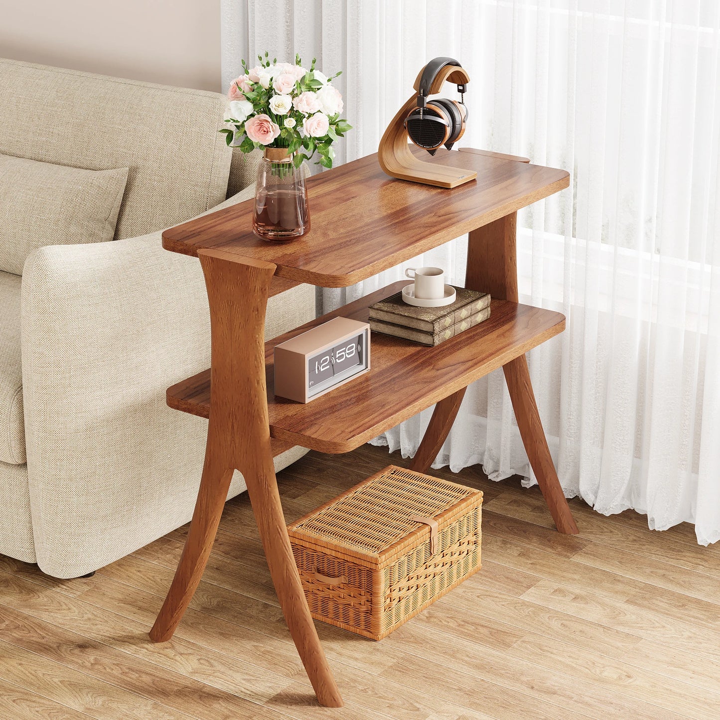Tribesigns Walnut Wood Side Table With Two Tier Storage Shelf
