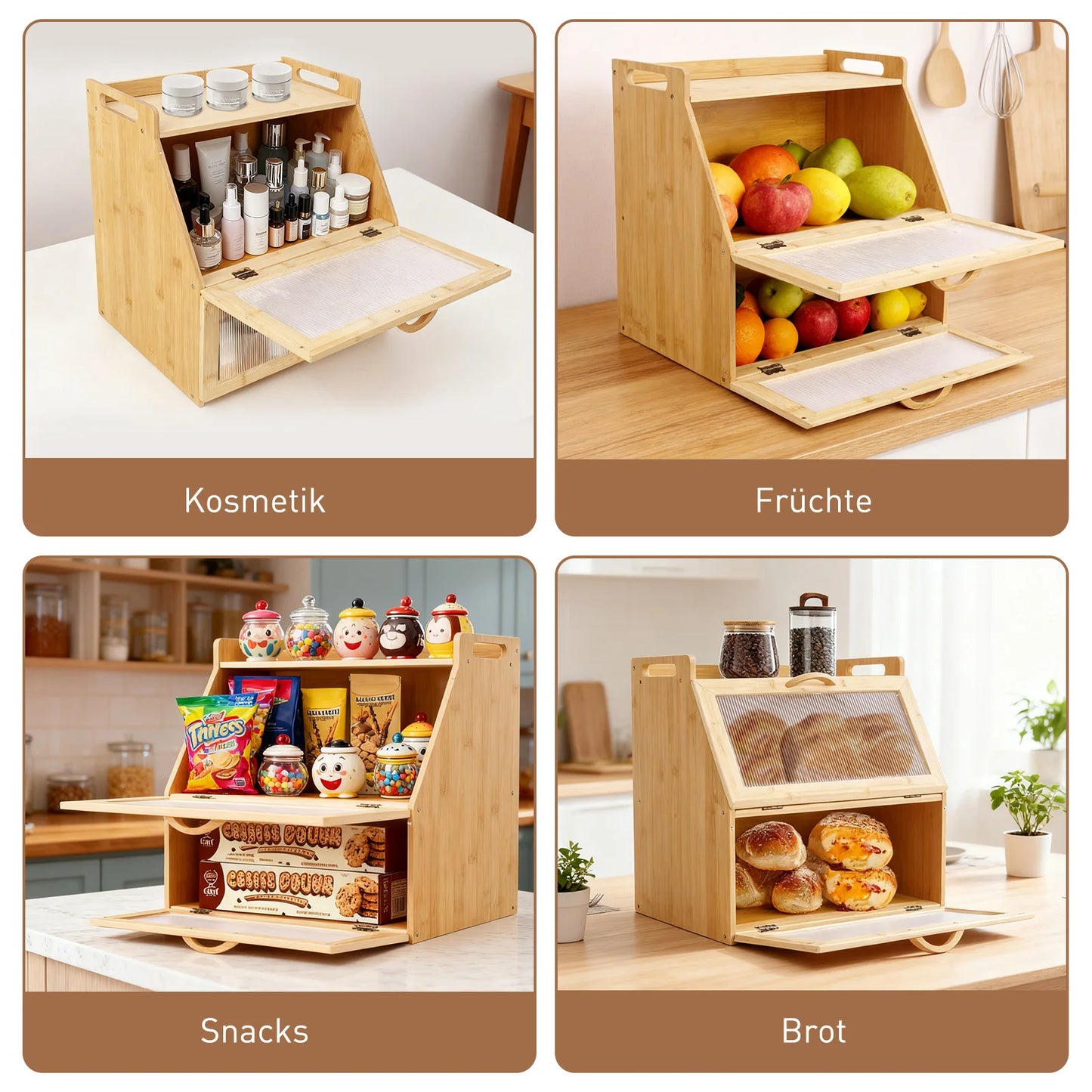 Double Layer Wooden Bread Storage Box For Kitchen Countertop
