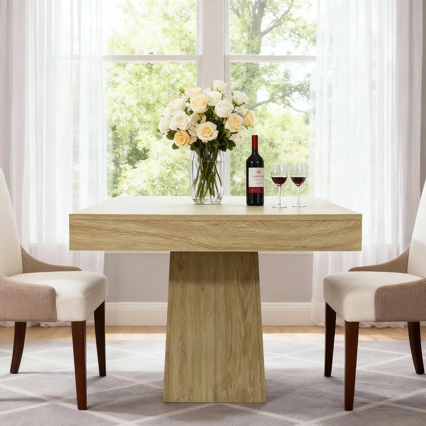 HiMISS Farmhouse Wood Pedestal Square Kitchen Dining Table