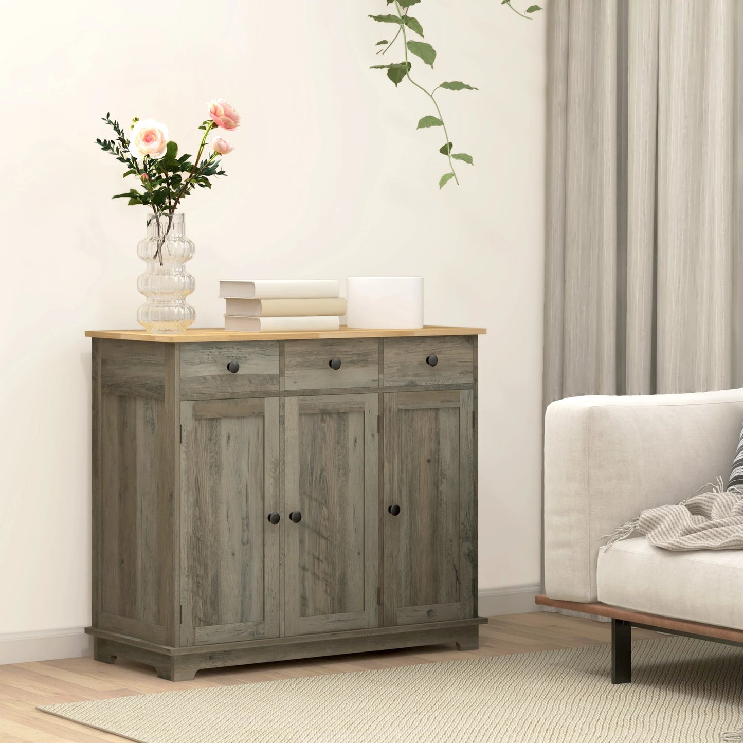 Homcom Modern Sideboard Buffet Cabinet Solid Wood Countertop Storage Drawers