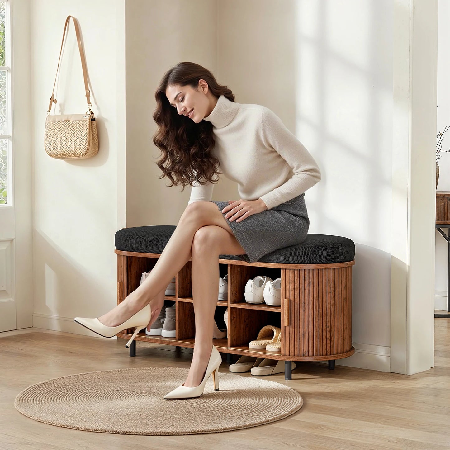 Three Tier Wooden Shoe Storage Bench With Cushioned Seat