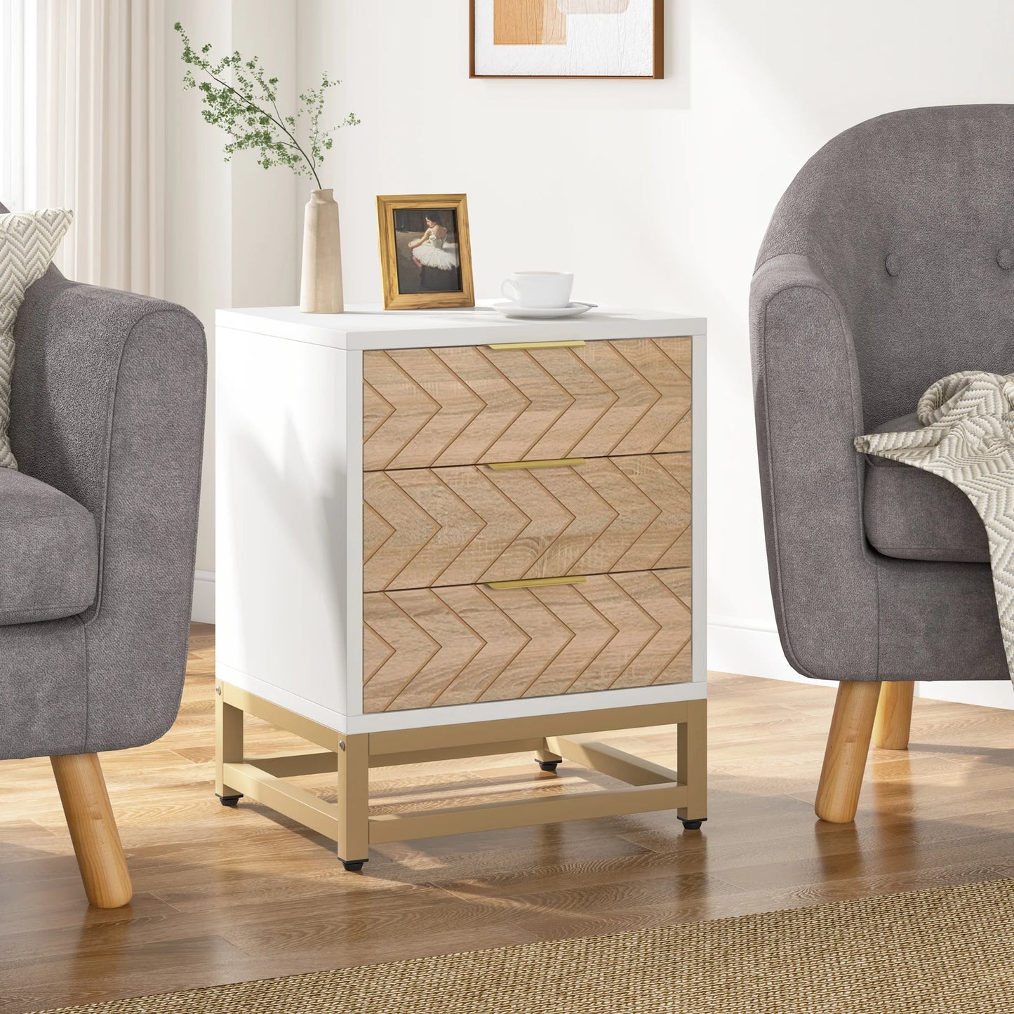 Tribesigns 3 Drawer Nightstand Set Modern Chevron Bedside Table