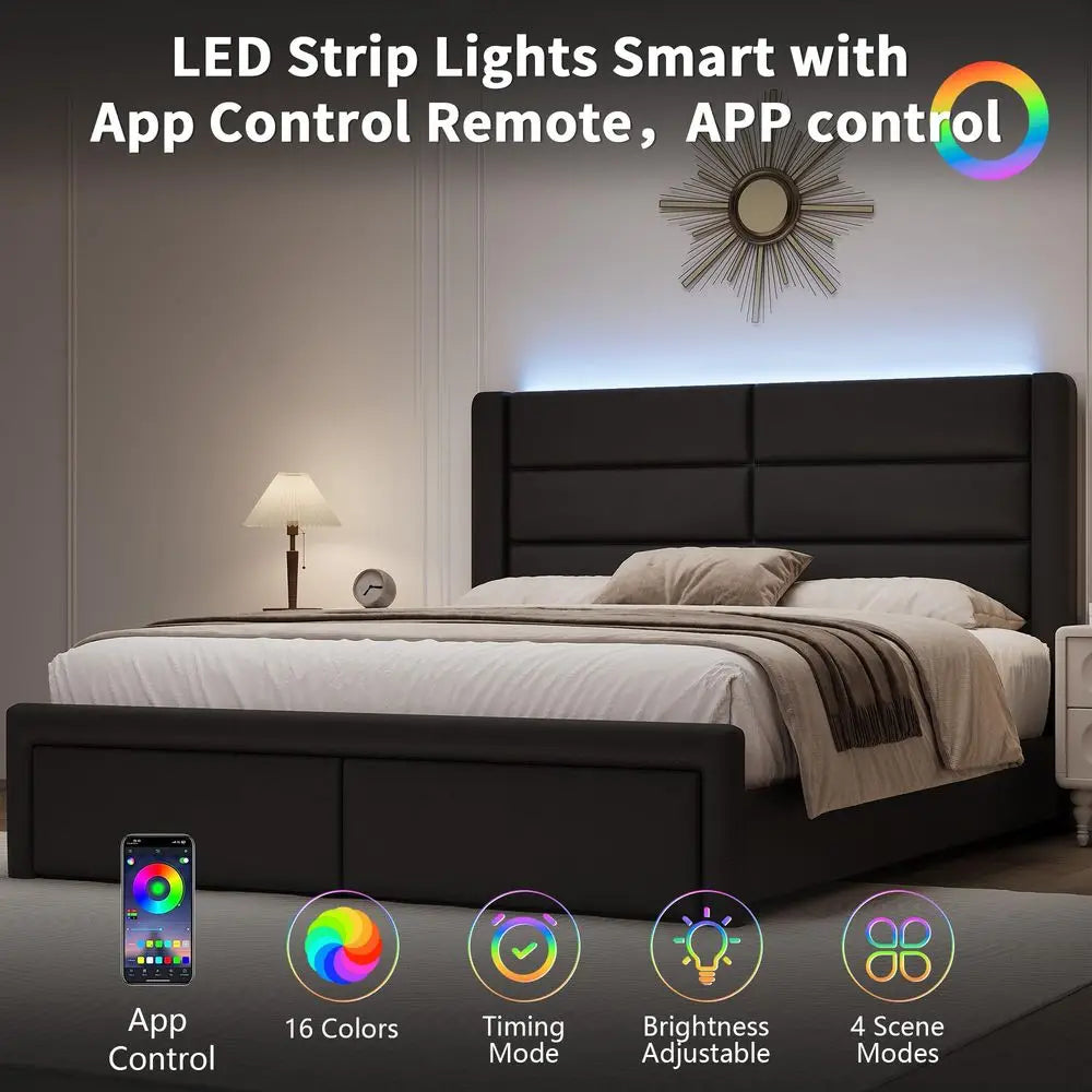 Upholstered Bed Frame With Headboard LED Lights And Wood Slats