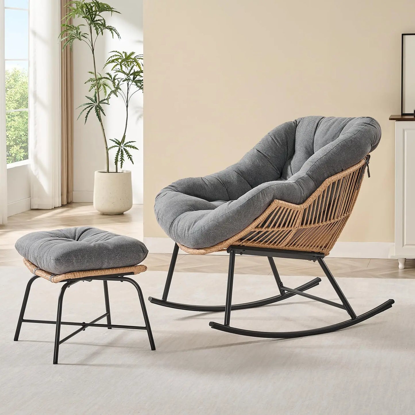 Onbrill Outdoor Wicker Papasan Rocking Chair With Ottoman