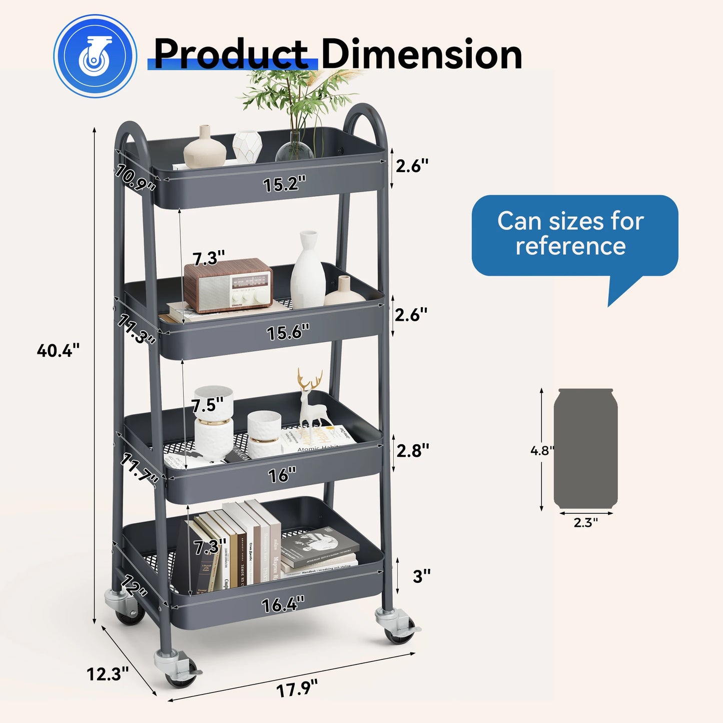 JHK Durable Metal Kitchen Storage Cart With Lockable Wheels