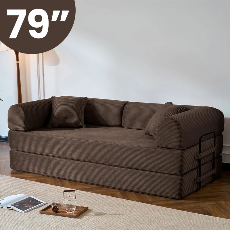 Corduroy Folding Sofa Bed With Removable Cover And Iron Frame