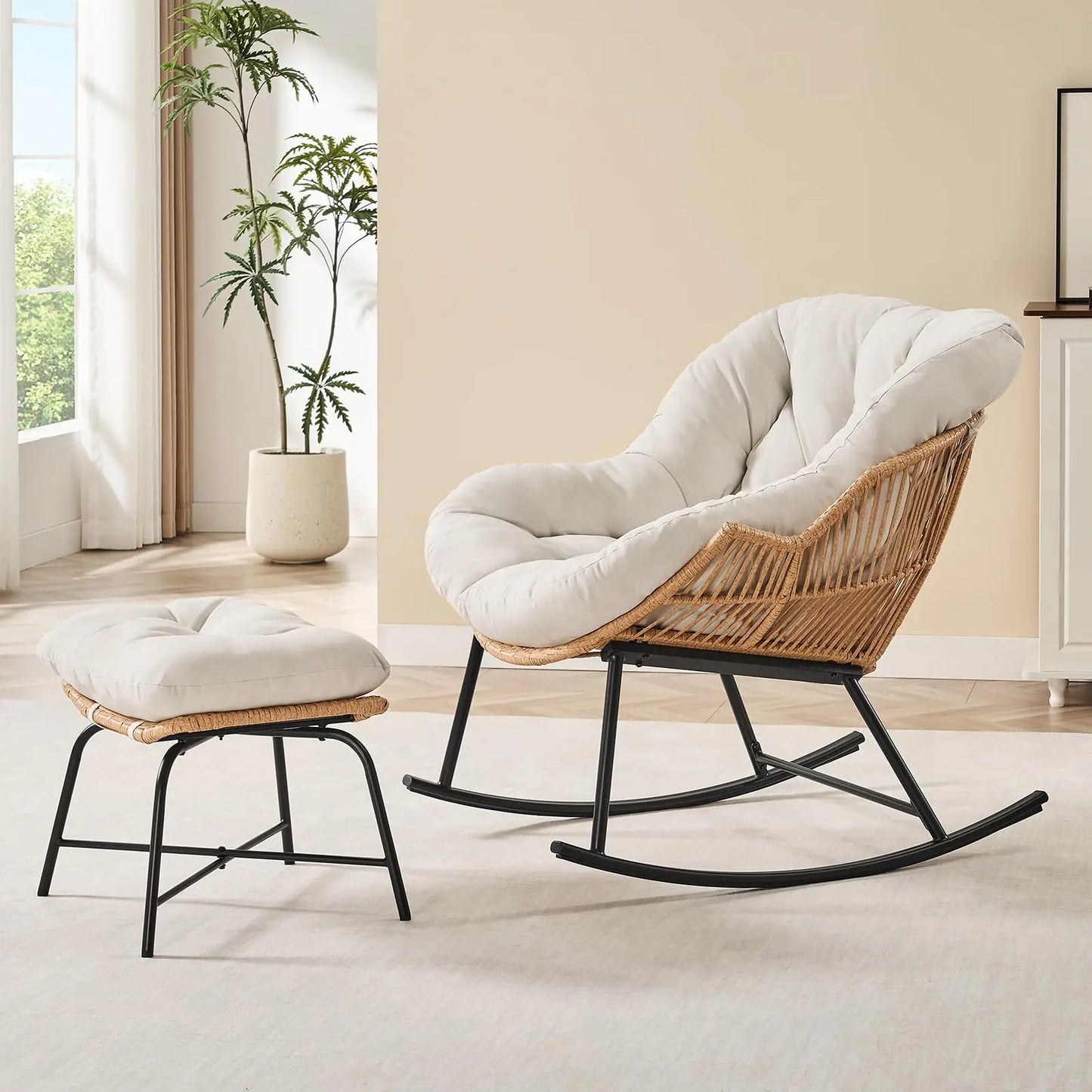 Onbrill Outdoor Wicker Papasan Rocking Chair With Ottoman
