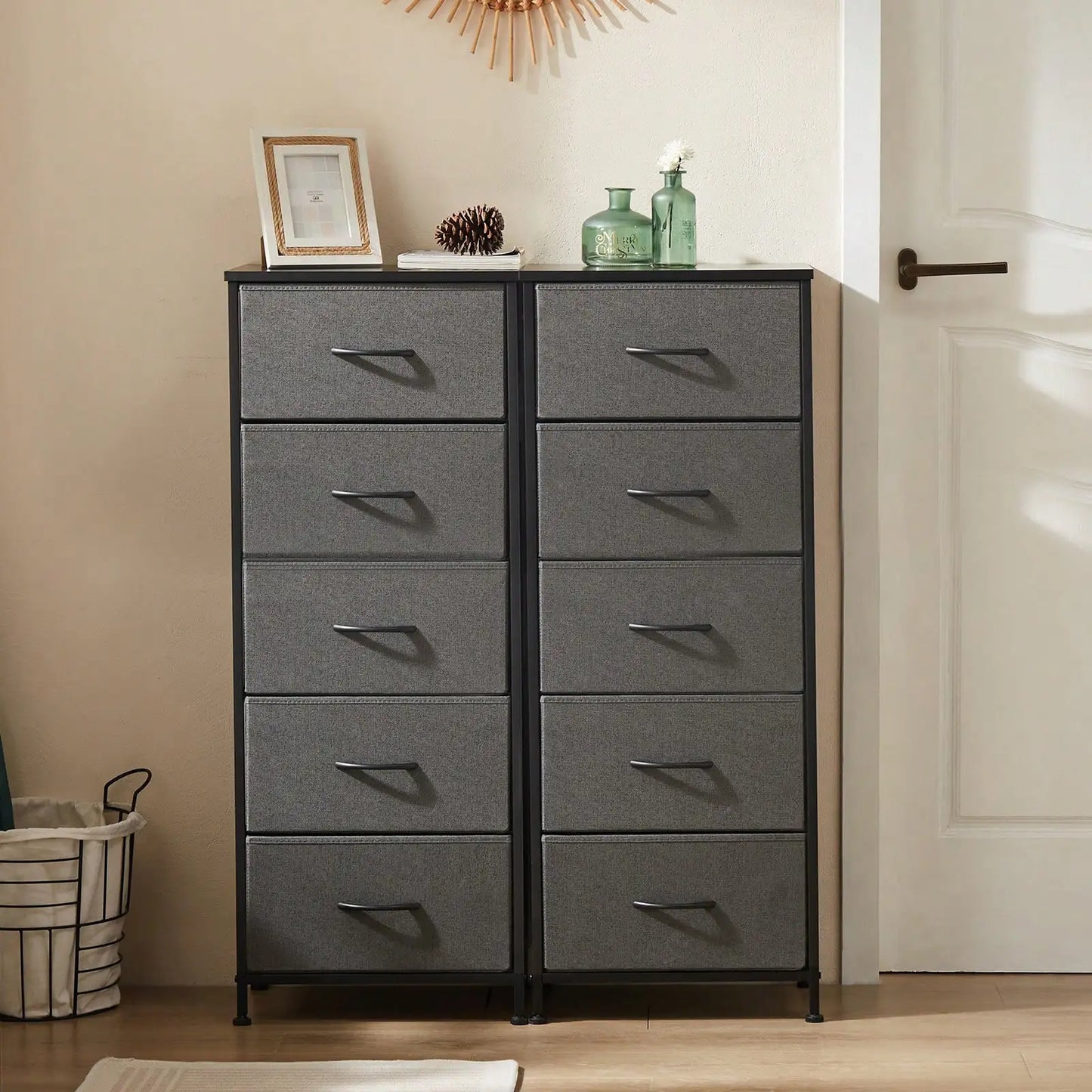 Fabric Storage Dresser With Wooden Top And Steel Frame Unit