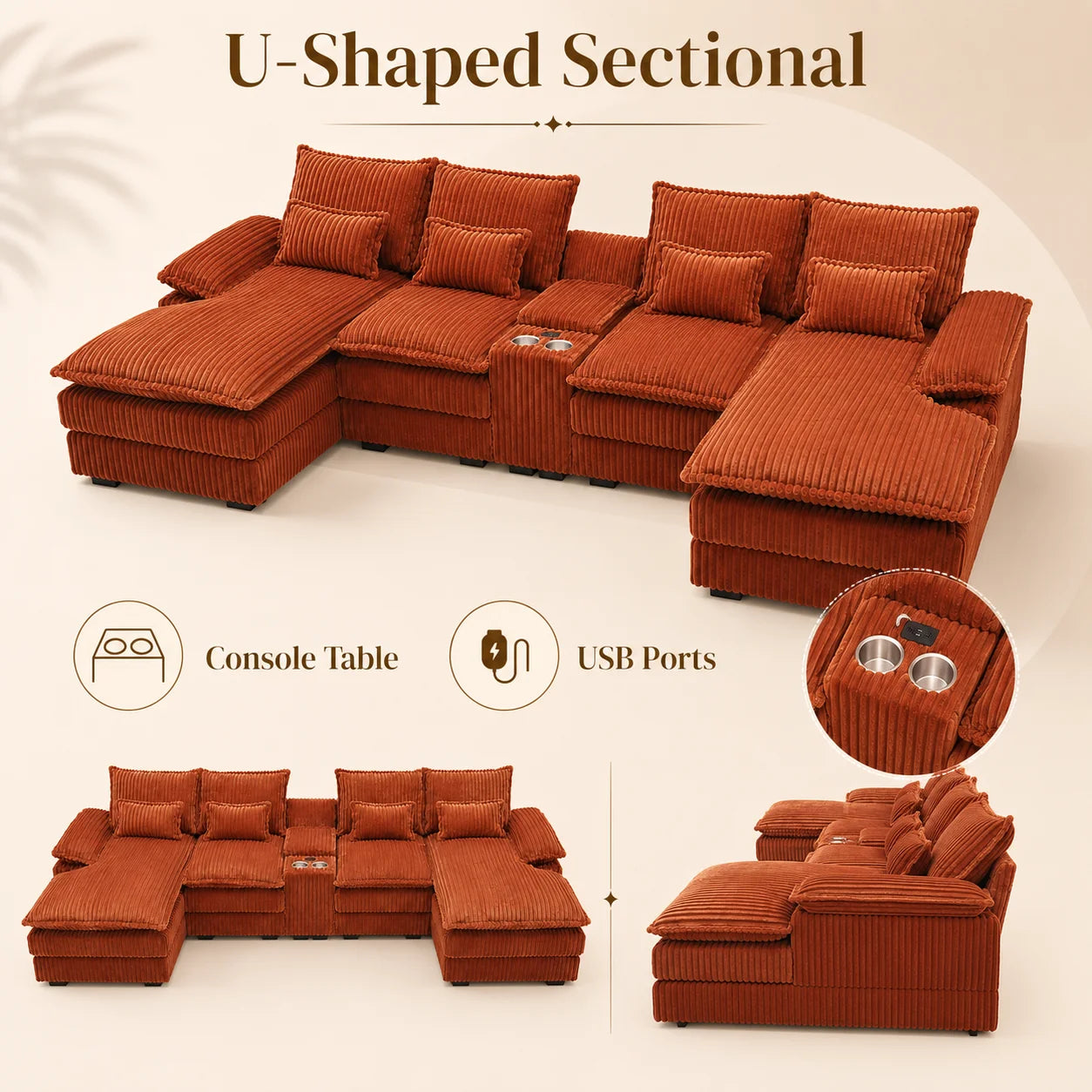 Modular Corduroy Sectional Sofa With Console And USB Charging Ports