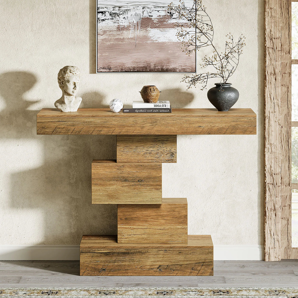 Tribesigns 42.5" Farmhouse Console Table, Narrow Wood Sofa Table Behind Couch with Geometric Base, Industrial Entryway Accent Ta