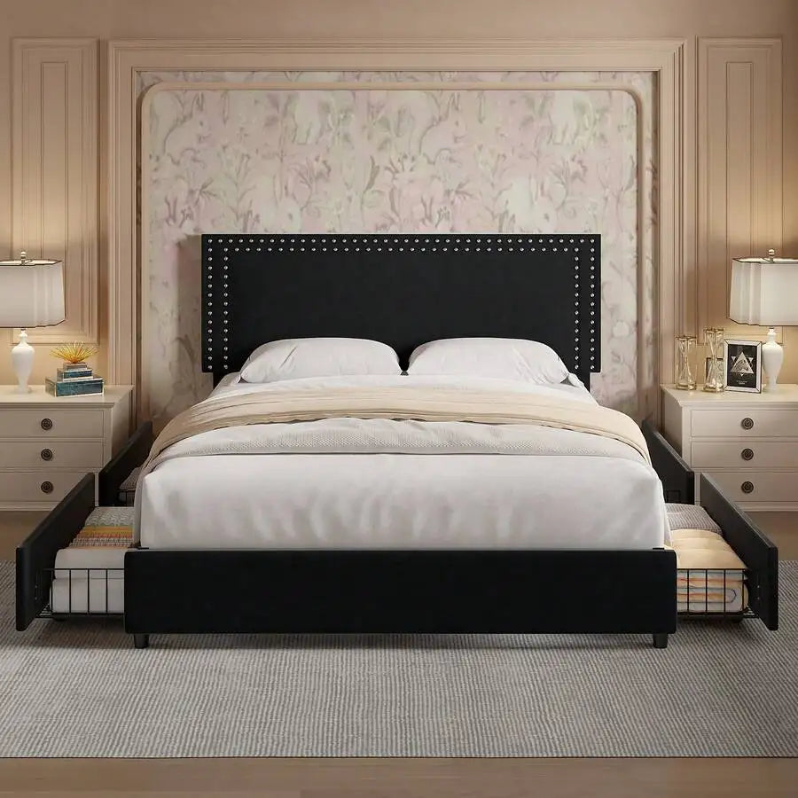 Velvet Upholstered Bed Frame With Four Storage Drawers And Adjustable Headboard