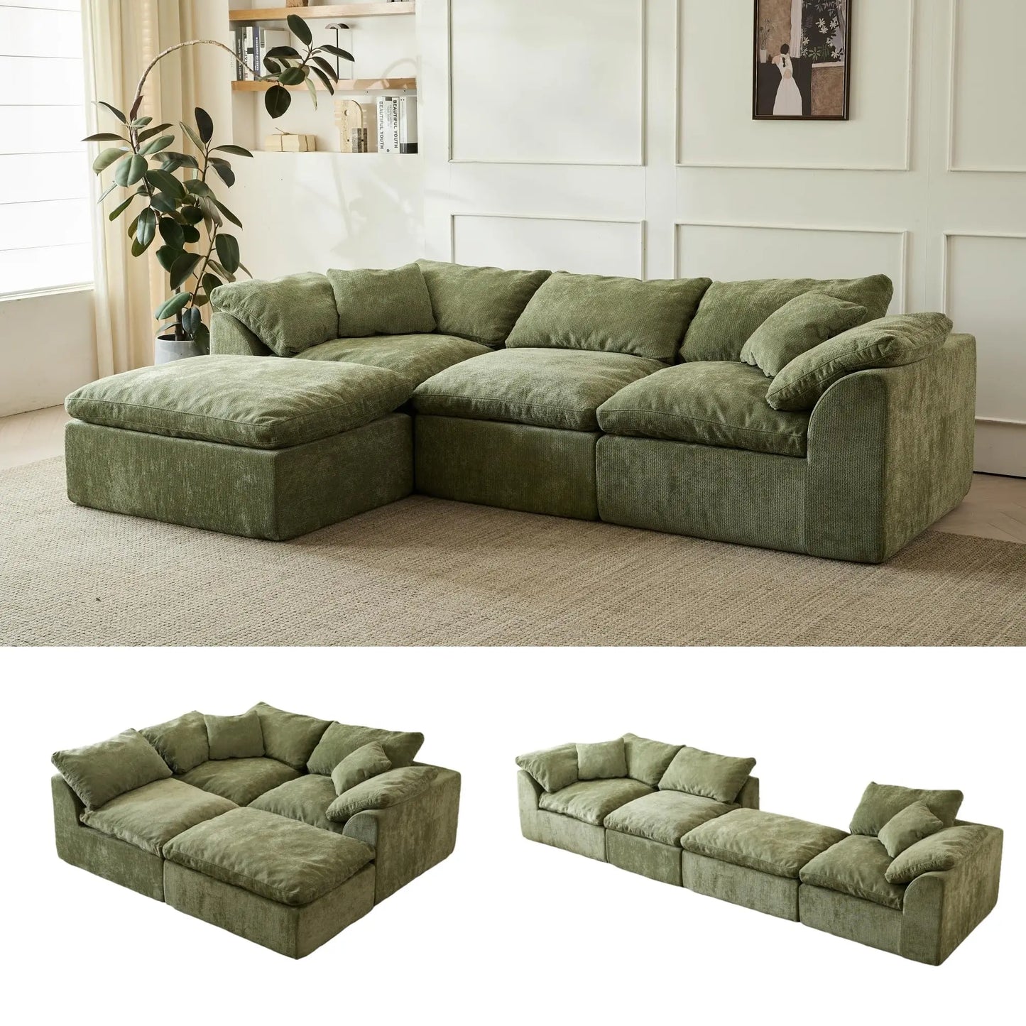 Yeflixvrau Modern Cloud L-Shaped Chenille Fabric Sofa Ottoman