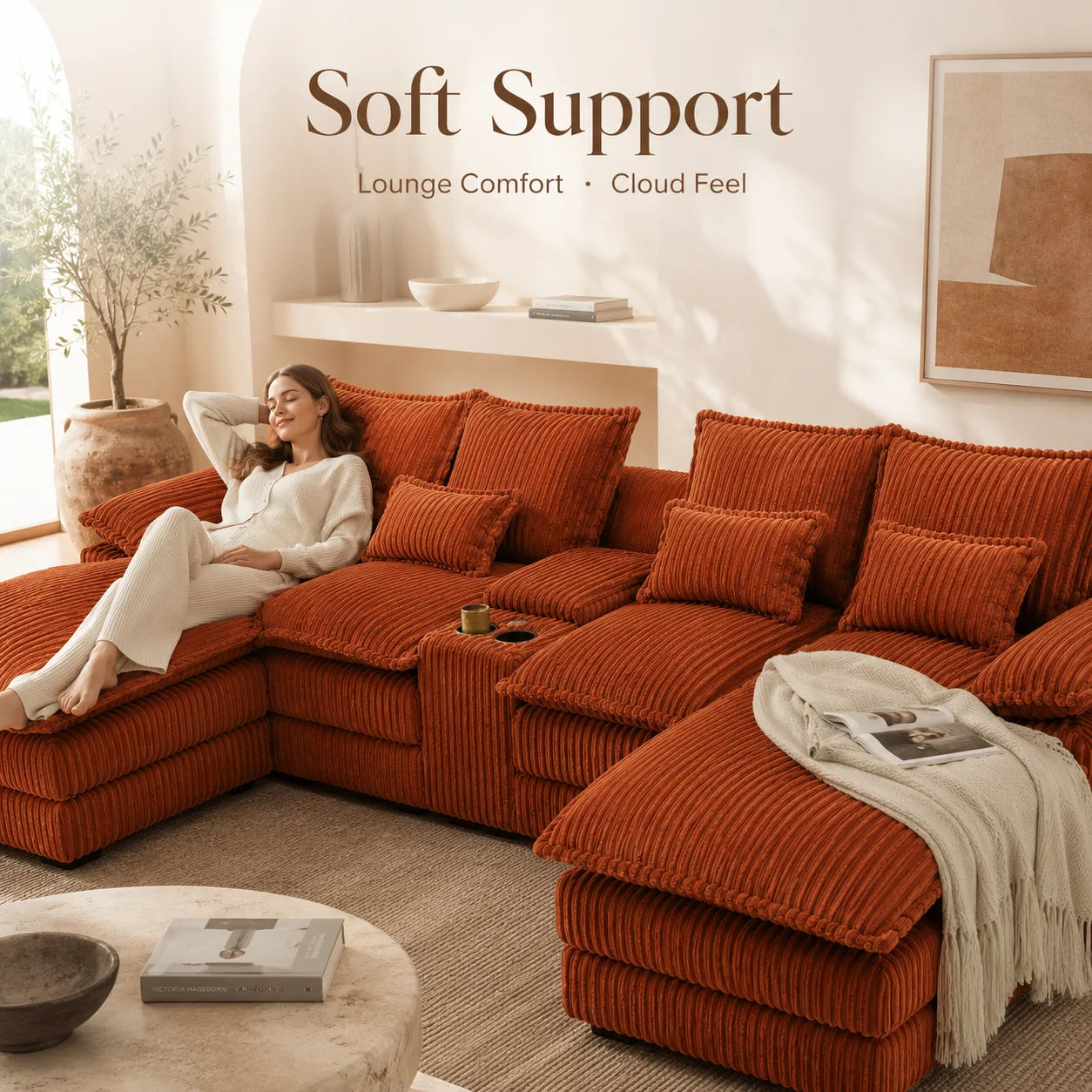 Modular Corduroy Sectional Sofa With Console And USB Charging Ports