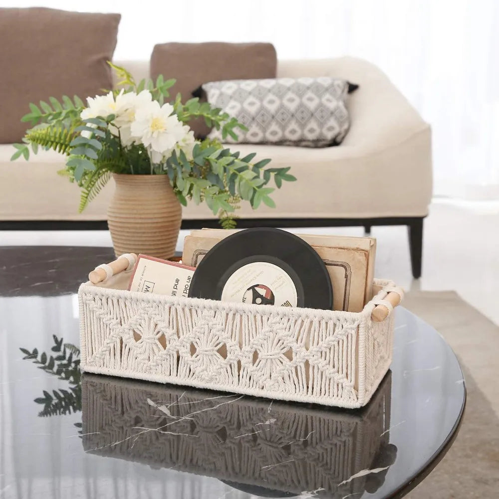 Macrame Hand Woven Storage Basket Boho Home Decor Organizer