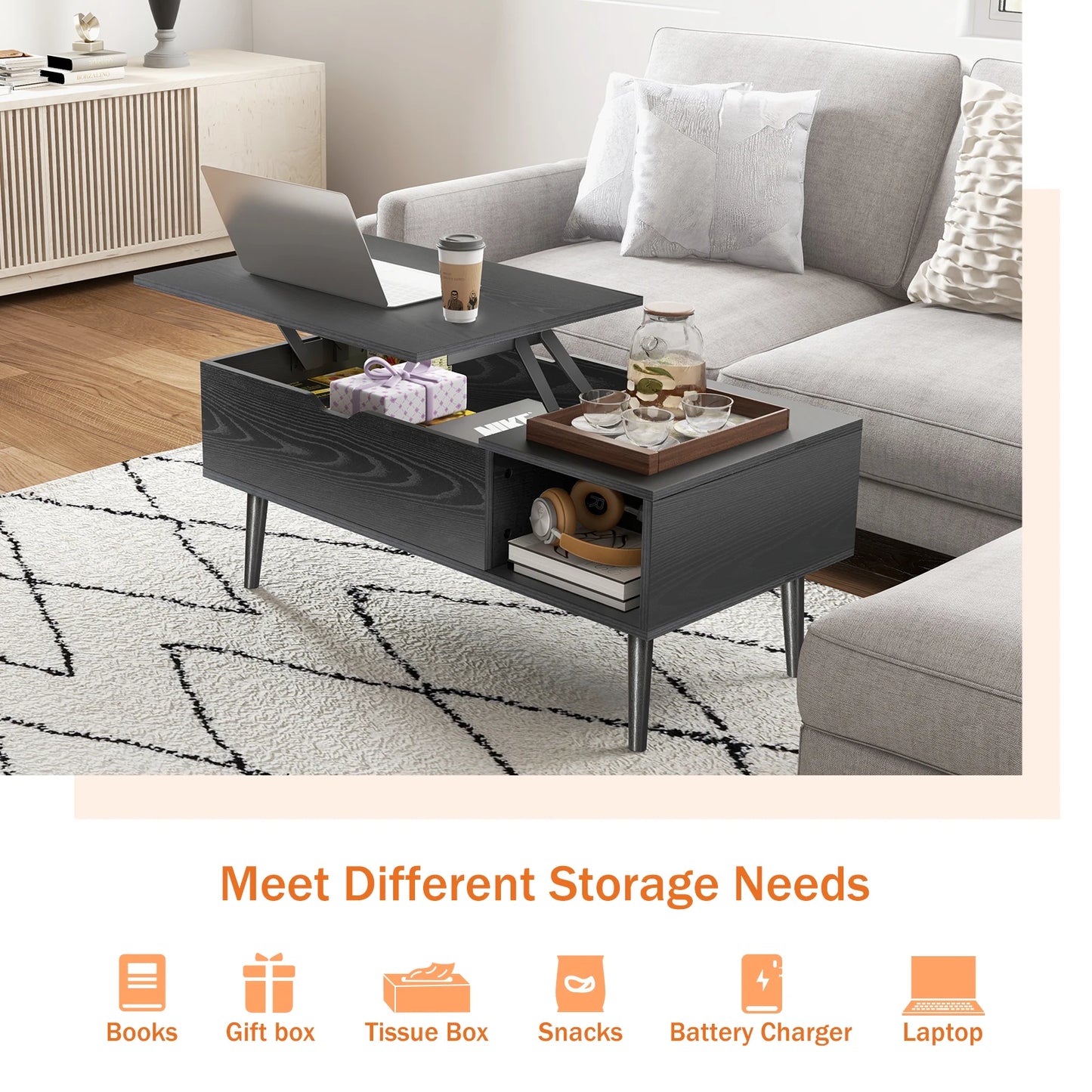 JHK Modern Wood Lift Top Coffee Table Adjustable Storage Shelf