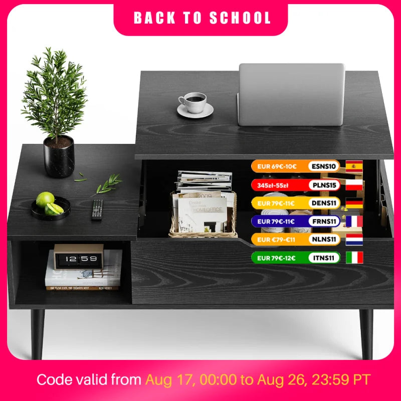 JHK Modern Wood Lift Top Coffee Table Adjustable Storage Shelf