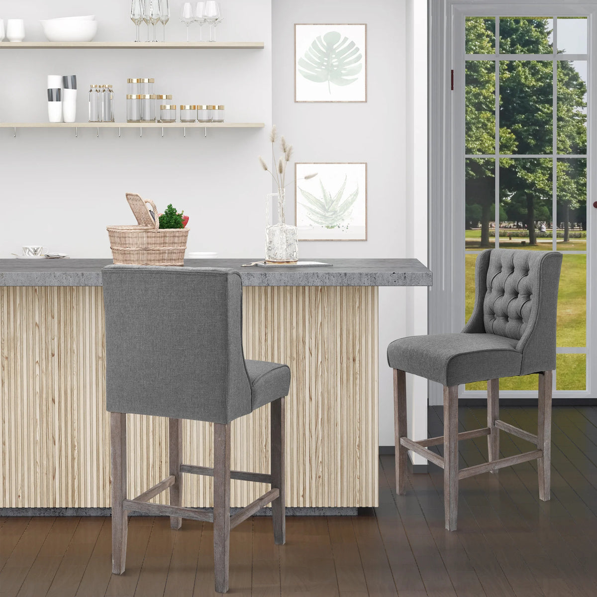 HOMCOM Tufted Wingback Counter Height Bar Stools With Wood Legs