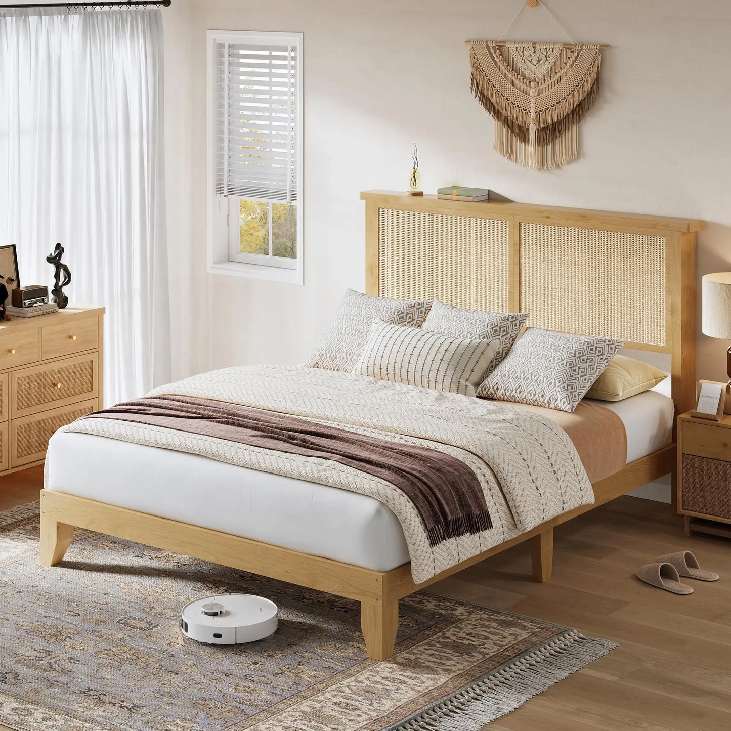 Rattan Bed Frame With Storage Headboard And LED Lighting
