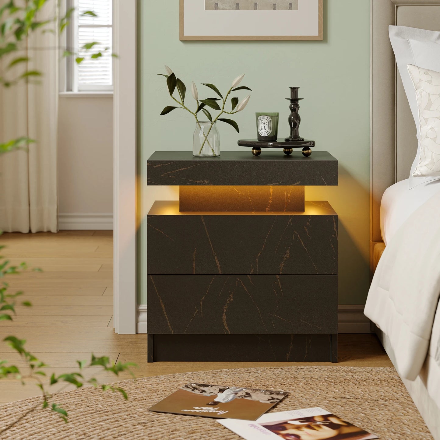 Cubehom LED Nightstand With Dual Drawers And RGB Lighting