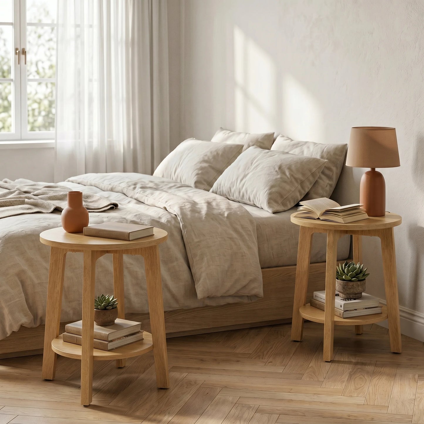JHK Wood Round Side Table With Two Tier Storage Shelf