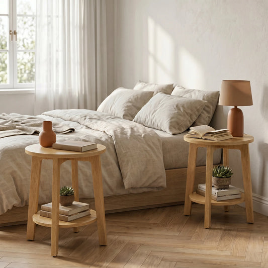 JHK Wood Round Side Table With Two Tier Storage Shelf