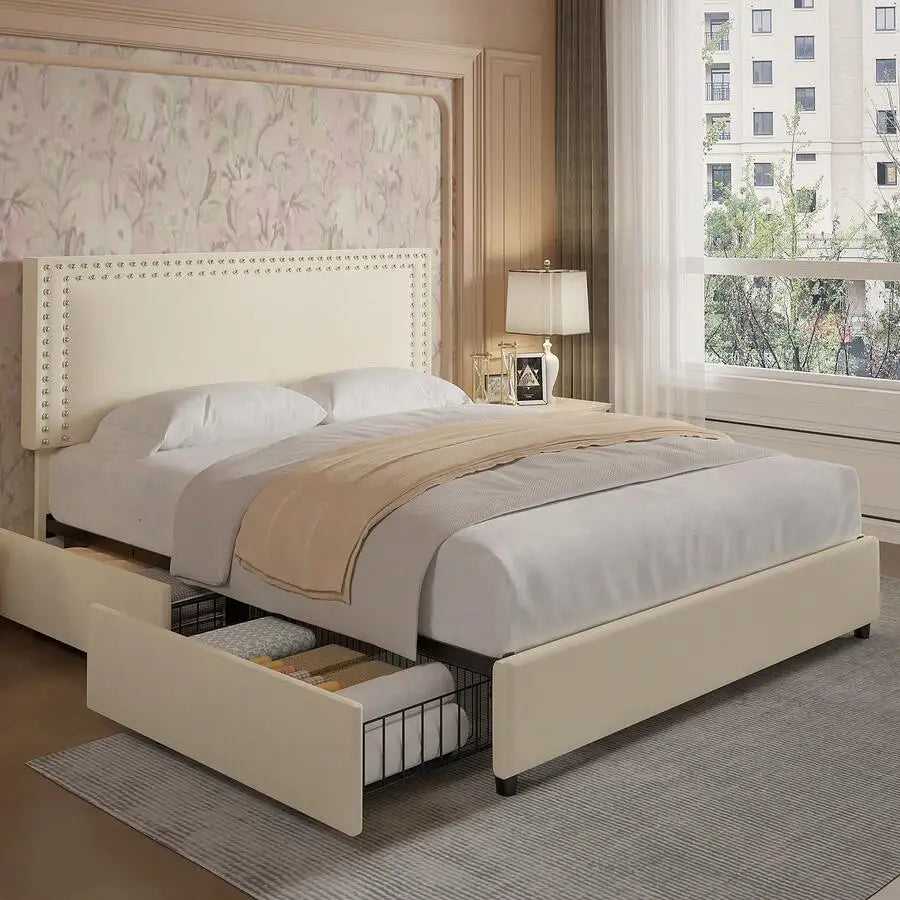 Velvet Upholstered Bed Frame With Four Storage Drawers And Adjustable Headboard