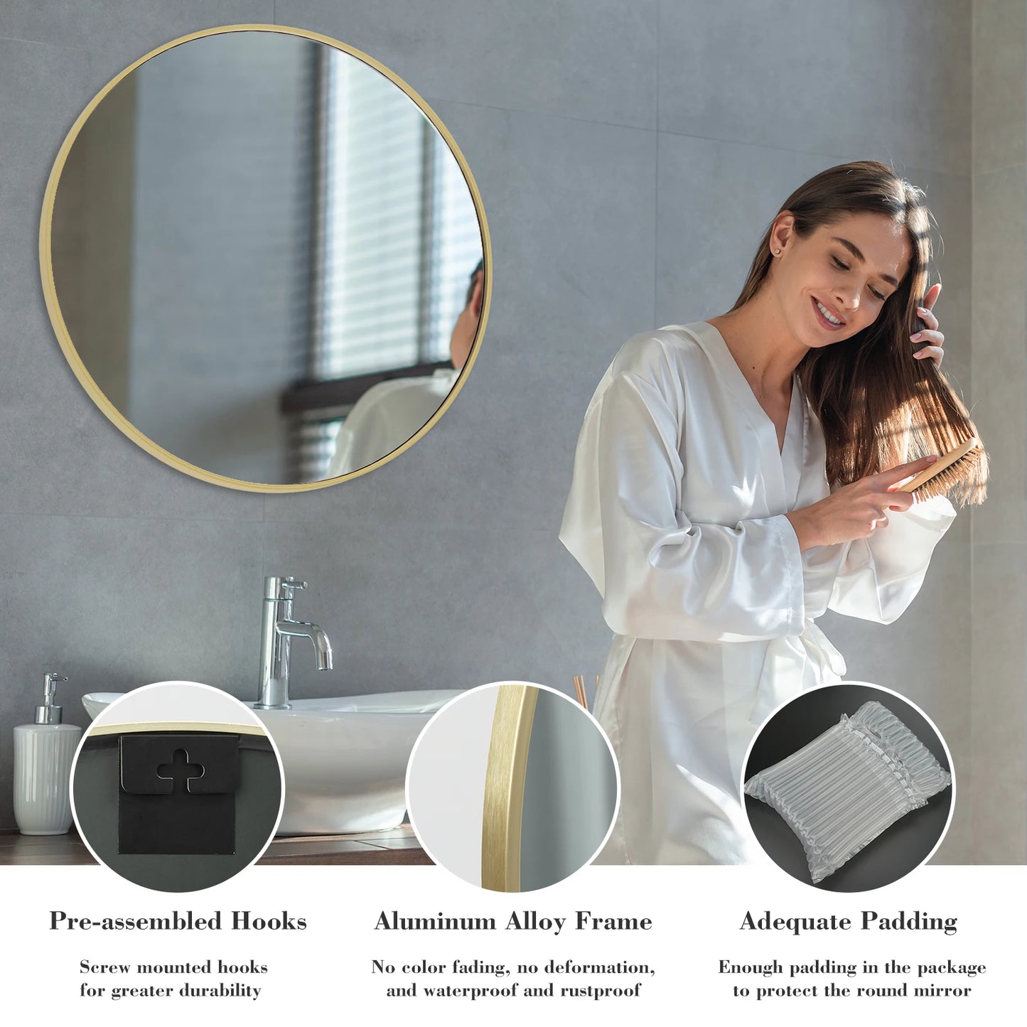JHK Modern Round Vanity Mirror Metal Frame For Home Decor