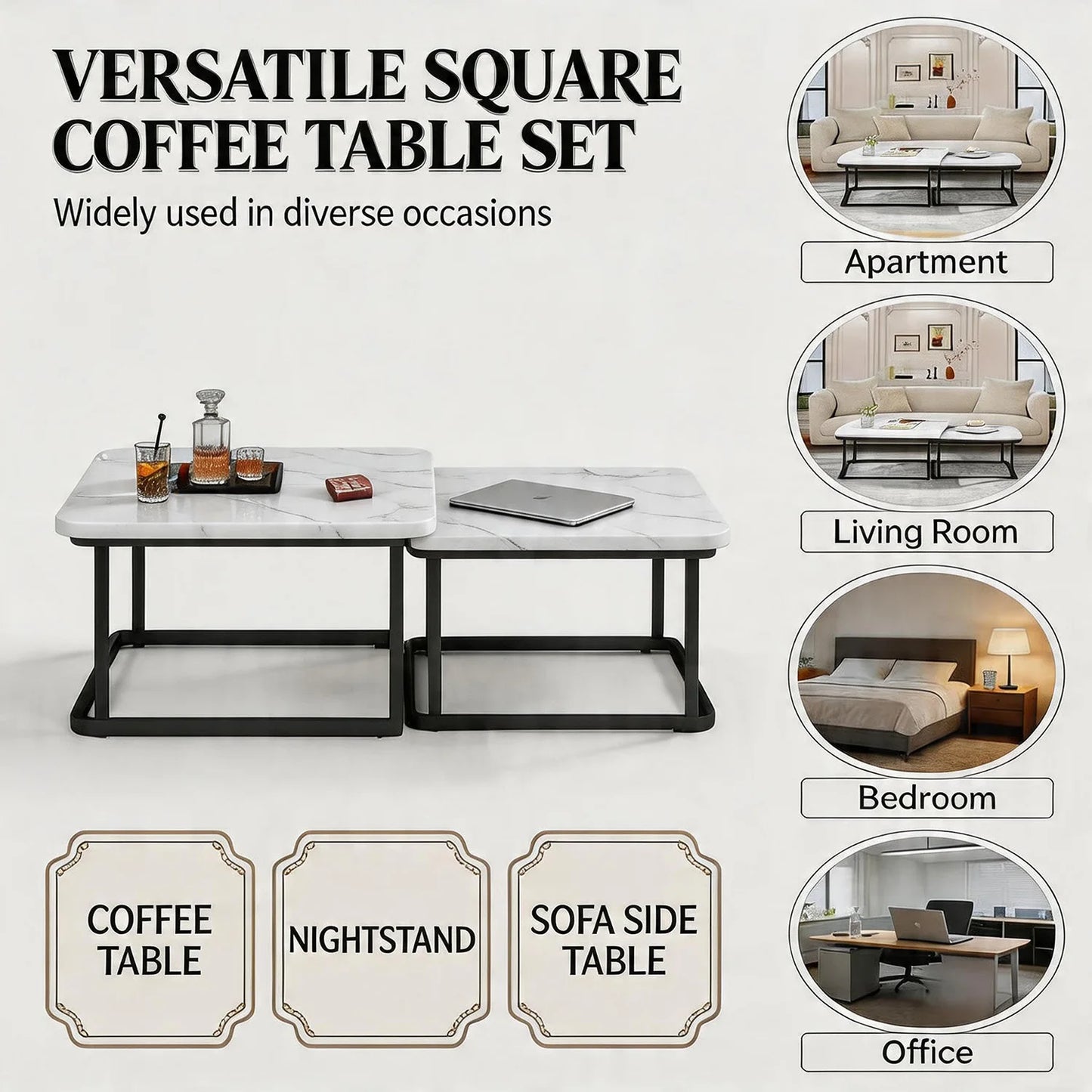 HiMISS Square Fluted Nesting Coffee Tables Set of Two